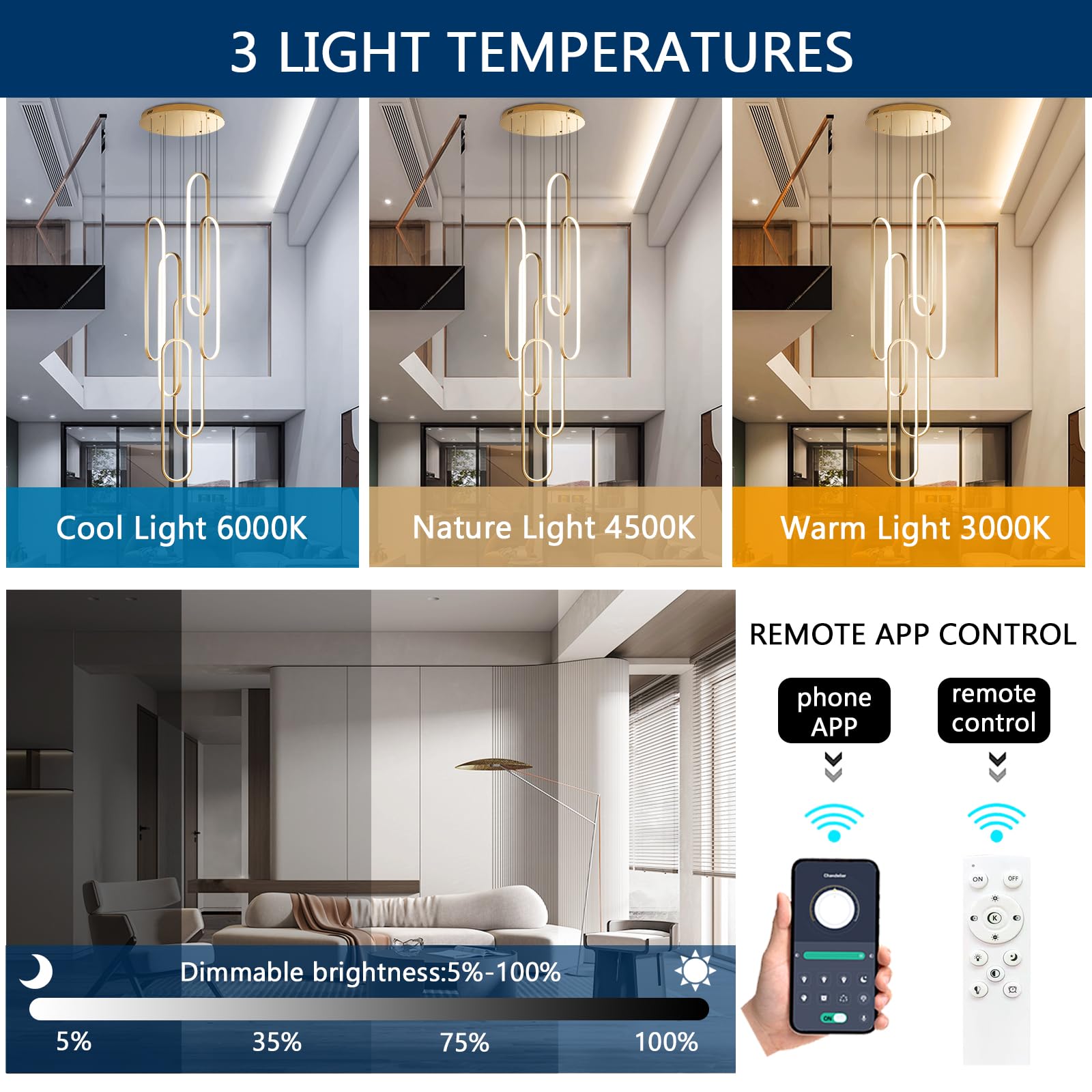 dolria 6-Rings LED Chandelier, Gold Flush Mount Light, 40in x 7.9in, Dimmable, Remote Control, Model PC1013-6*100G