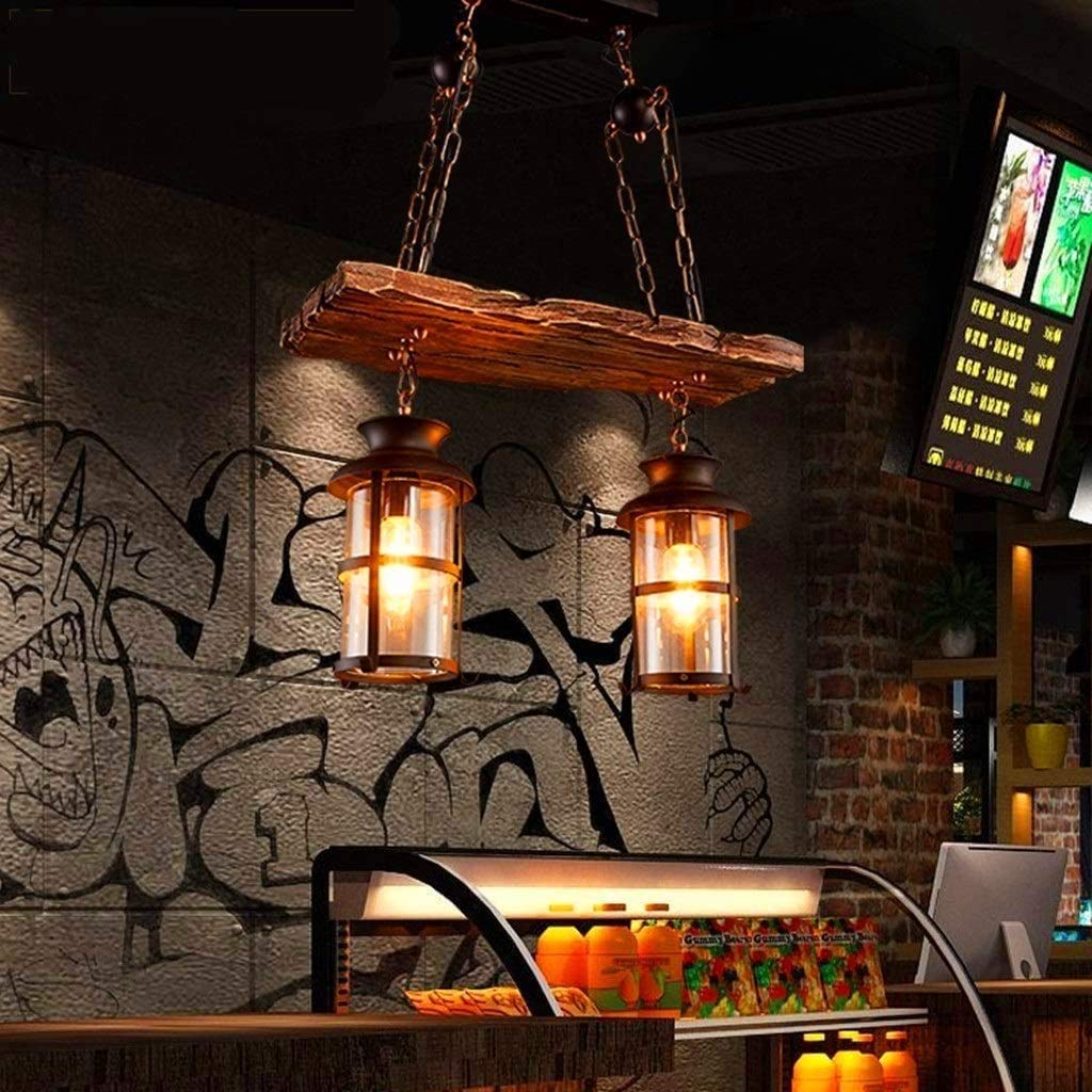 Eoyemin Wood Retro Pendant Lighting Industrial Chandelier 2 Heads Black Metal E27 Ceiling Lamp for Bedroom Restaurant Bar