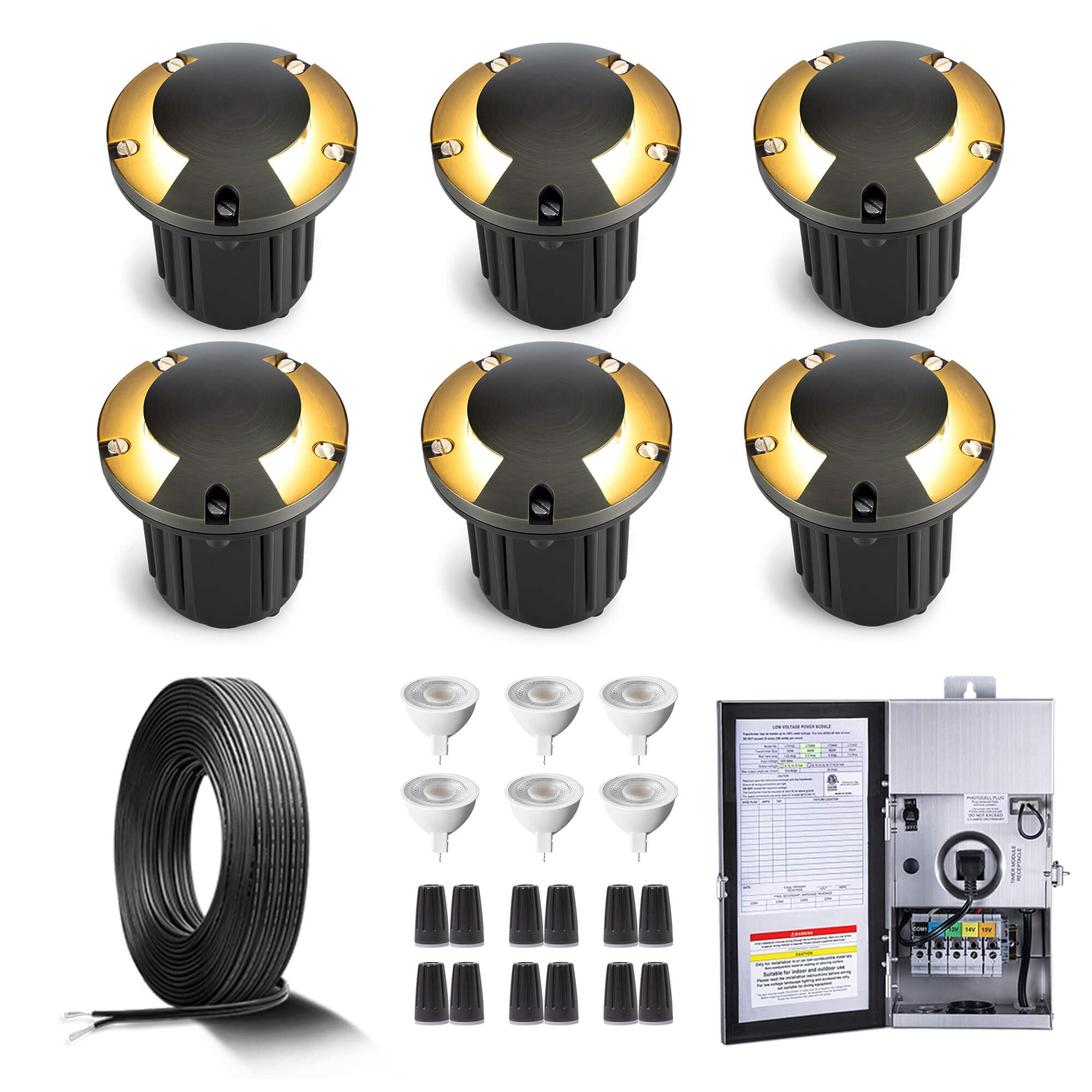 Gardenreet Brass In Ground Lights Kit - 6 Pack with 150W Transformer, MR16 Bulb, 100ft Wire, Antique Brass, Model WELL-2204B-KIT-6PCS