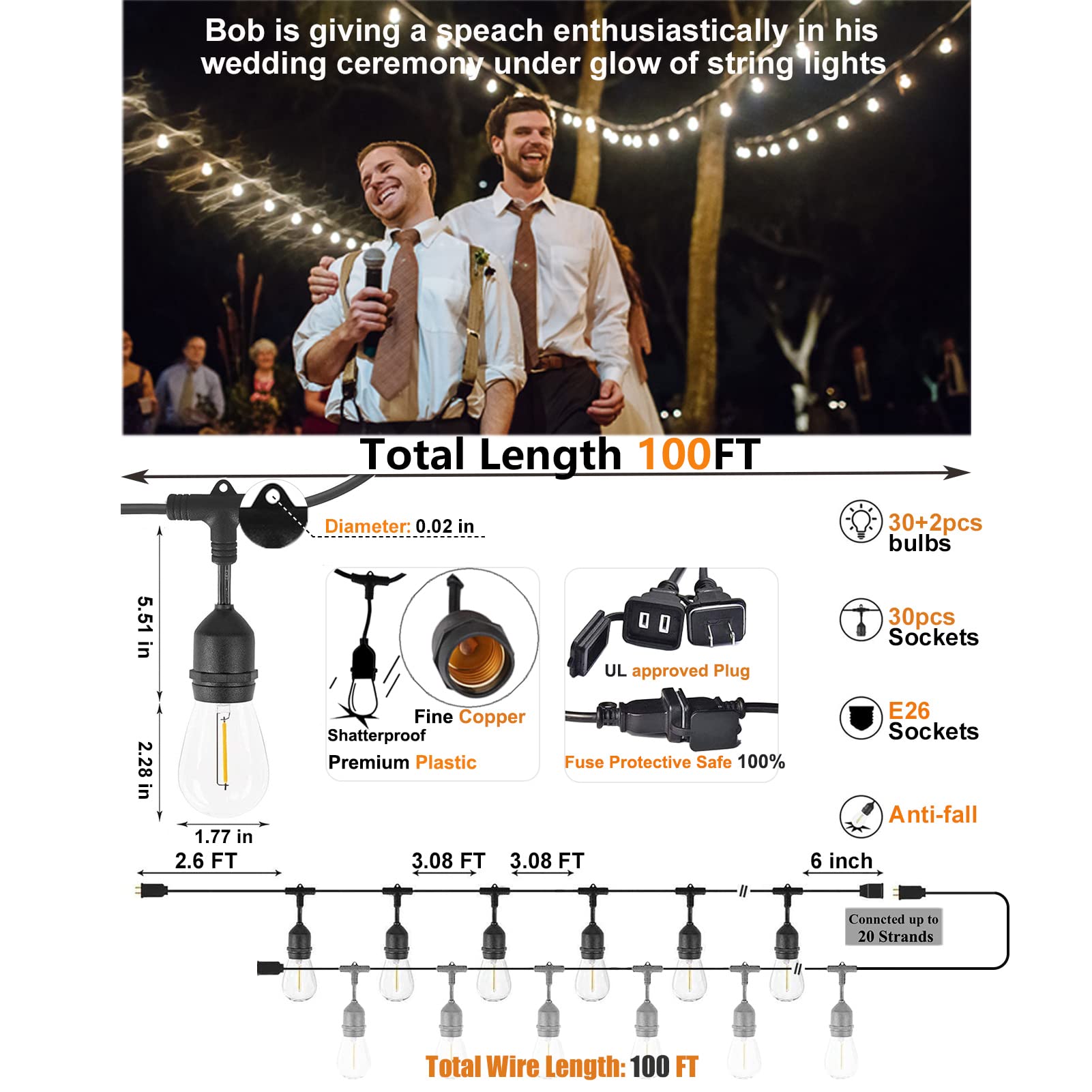 Meidaoduo Outdoor String Lights Led 100Ft Heavy-Duty Patio Lights String With 32 Dimmable Shatterproof Plastic Bulbs For Gazebo