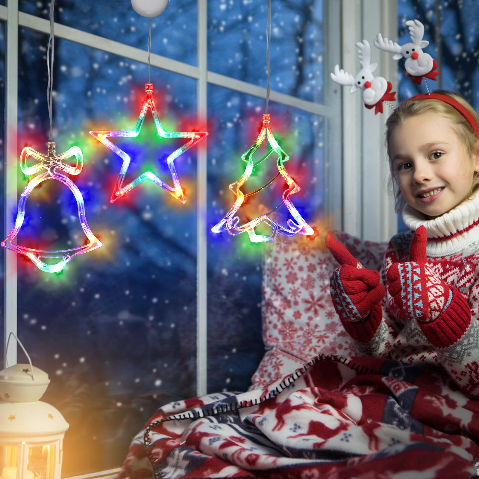 Christmas Window Lights Decorations,3Pcs Christmas Lights Lighted Star Jingle Bell Christmas Tree Battery Operated Indoor Lights With Suction Cup For Fireplace Christmas New Year Window Decorations