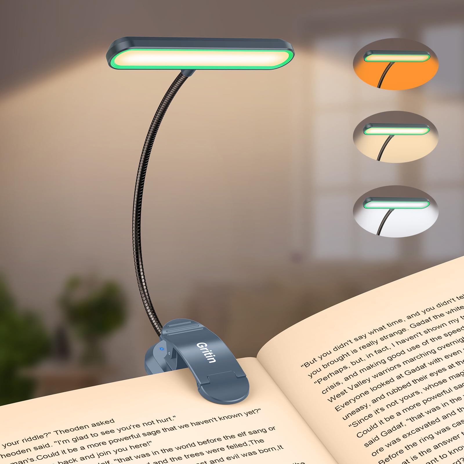 Gritin Rechargeable Book Light with 19 LED, 3 Color Temps, 5 Brightness Levels, Flexible Goose Neck, Model G1321, Aquamarine