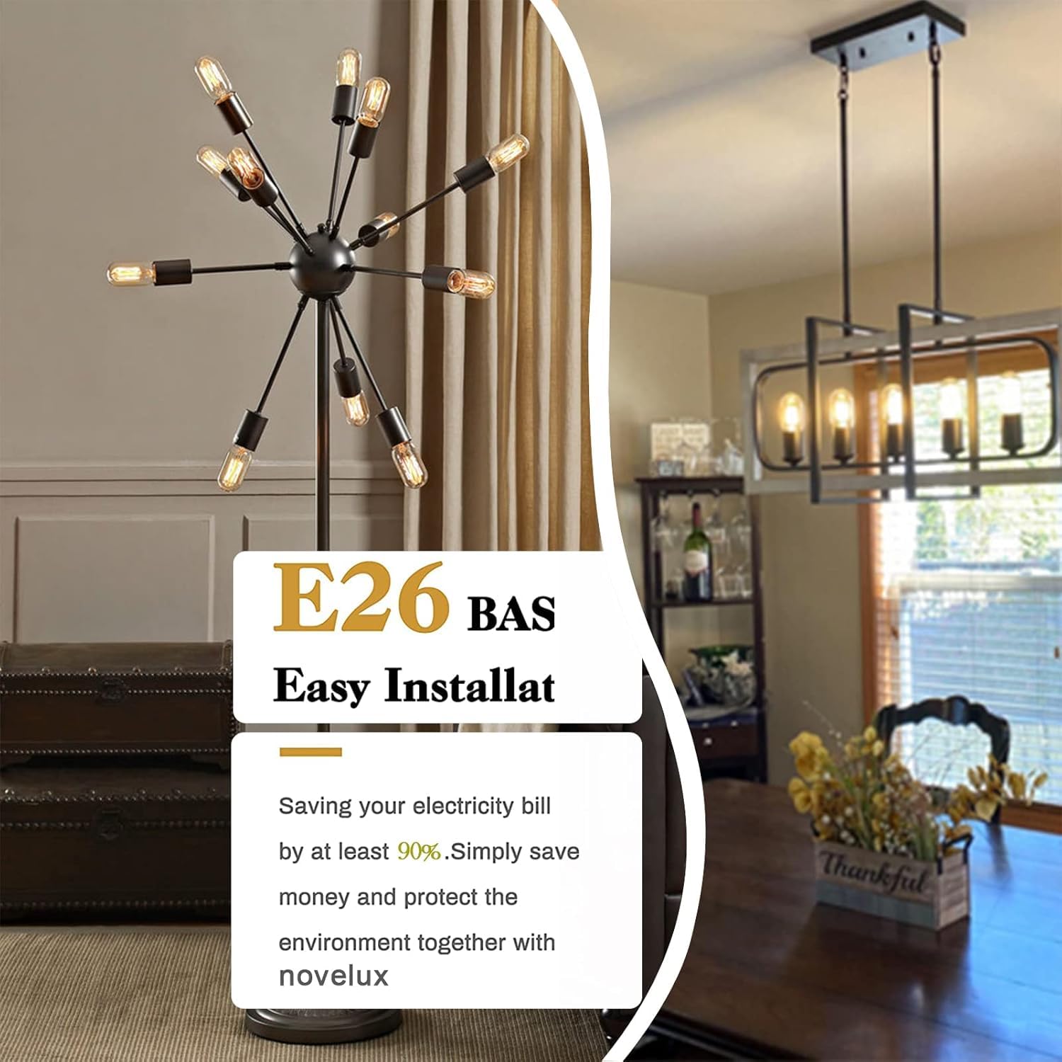 NOVELUX LED Bulb 60W Equal Dimmable 2700K Soft White 3 Inch Glass Tubular Filament, 6W, 6 Pack