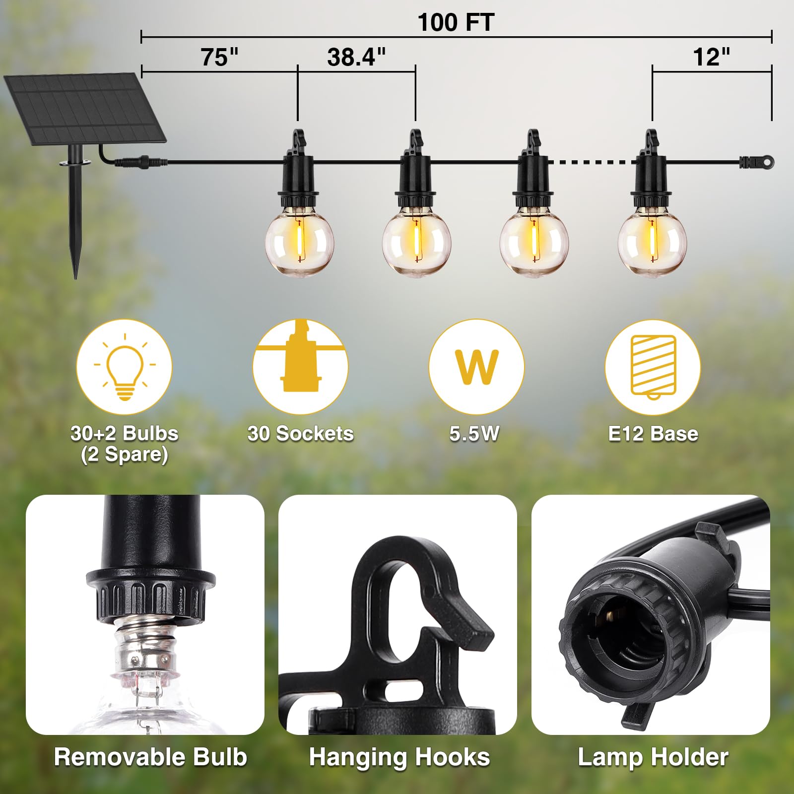 ZJOJO 100FT Solar String Lights - Waterproof G40 Patio Lights with Remote, 30+2 Shatterproof Bulbs, 3 Light Modes, Black