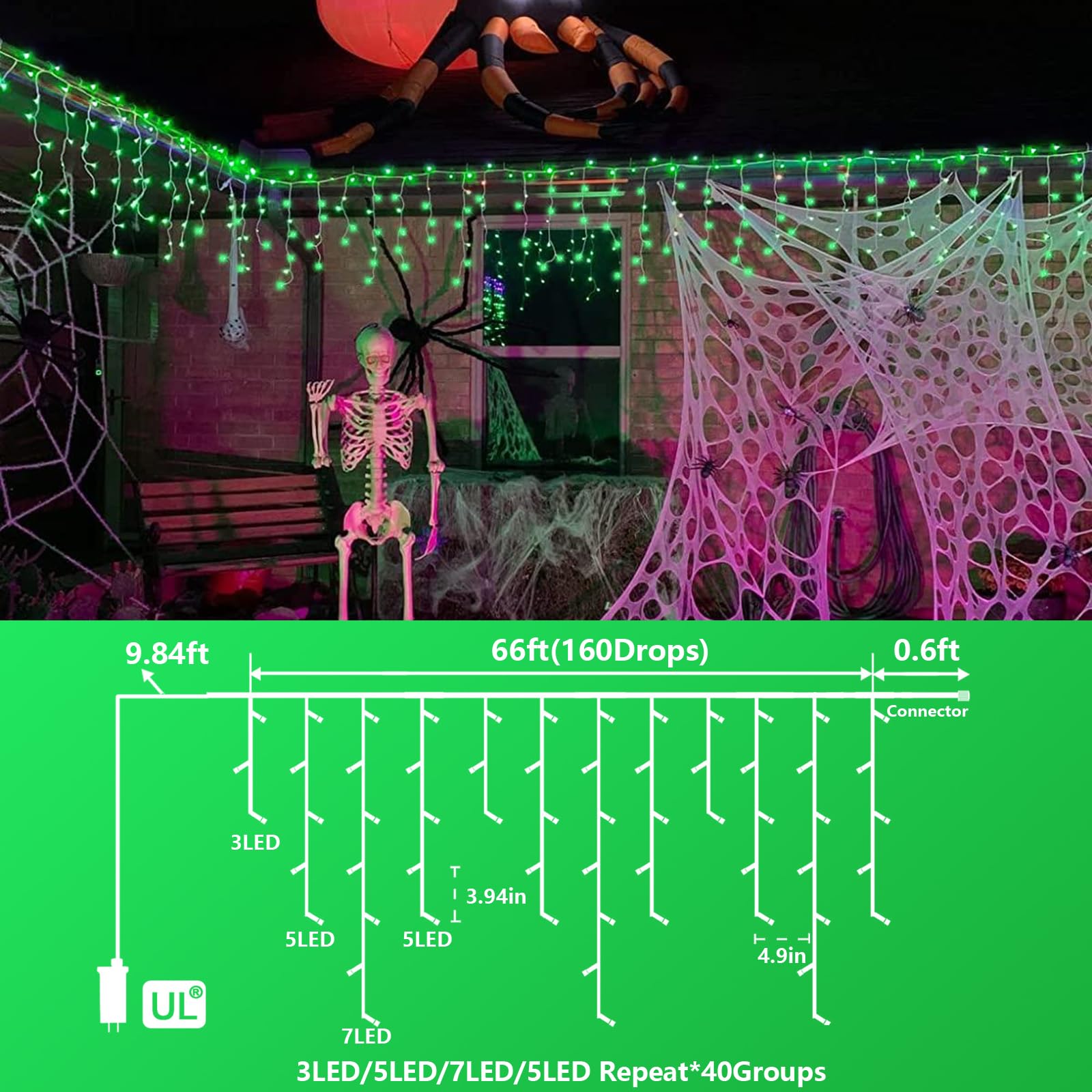 YEGUO Icicle Lights 800 LED Green Waterproof 66ft 8 Modes Connectable Christmas String Lights