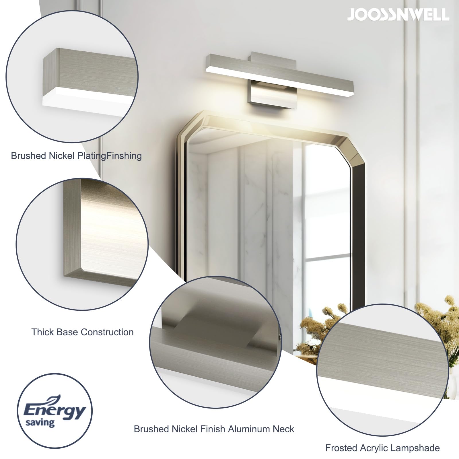 Joossnwell Bathroom Light Fixtures Brushed Nickel Vanity Lights Bar 5Cct Dimmable Modern Bathroom Lighting Fixture Over Mirror Led Vanity Light For Bathroom 15.74 Inch Etl Certificated