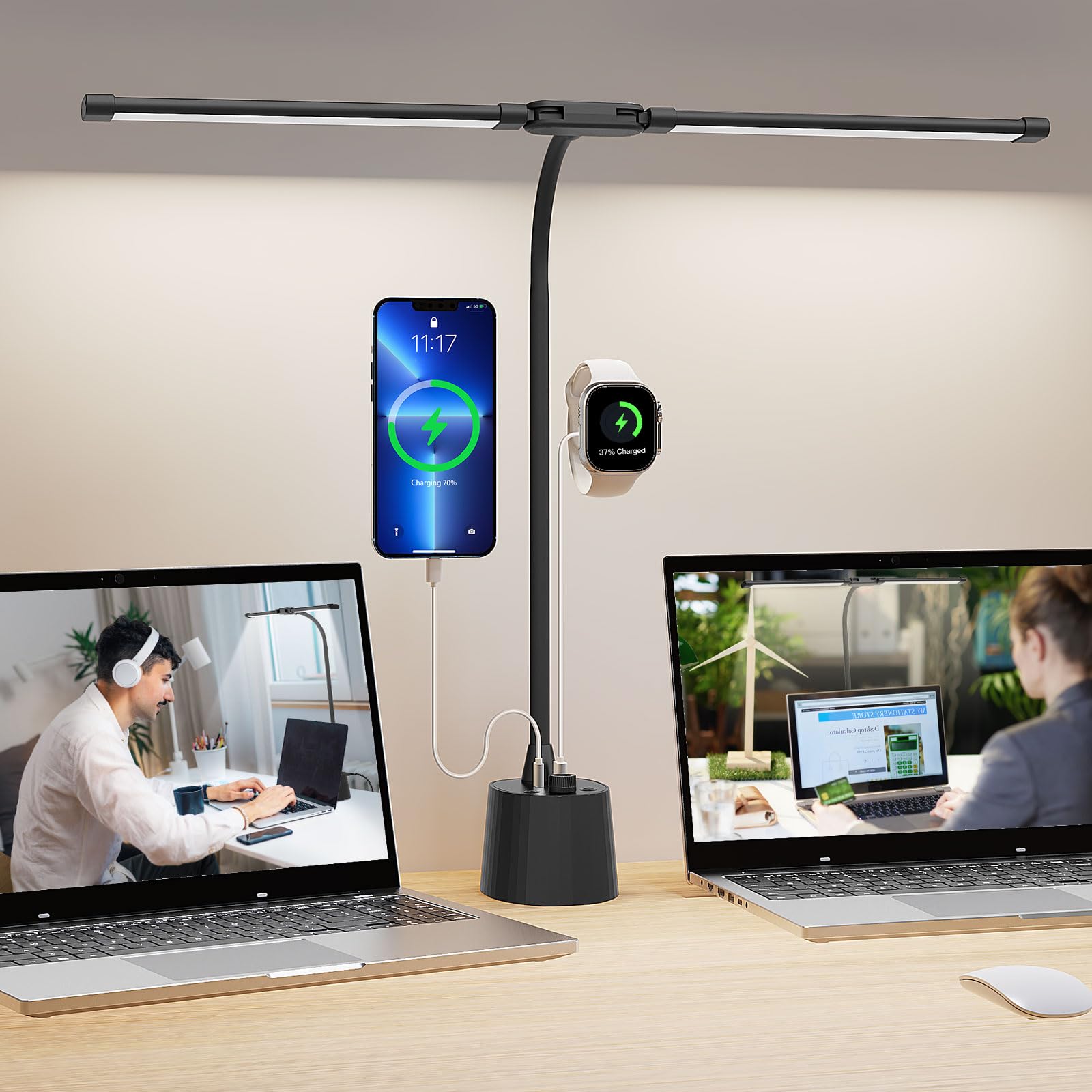 Woputne Desk Lamp, Dual Head, Smart USB A+C Charging Port, 5 Color Modes Dimmable, 2600 Lumens 12W Wide-Angle Lighting Table Lam