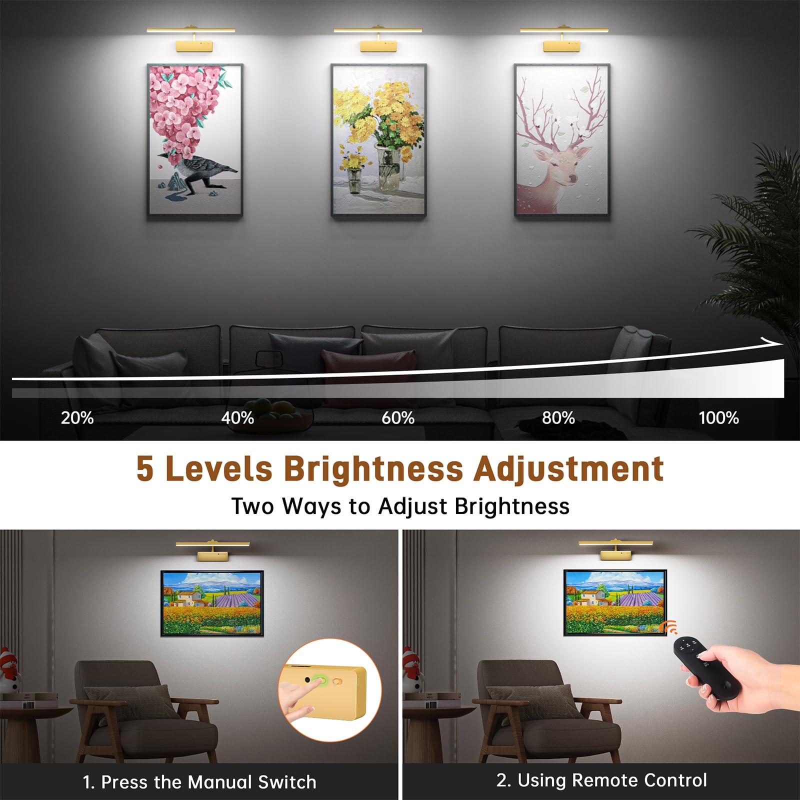 Racokky 15.35 Wireless Picture Light - Rechargeable 5400mAh Battery, Remote, 3 Color Art Lighting, Dimmable, Gold Finish for Paintings
