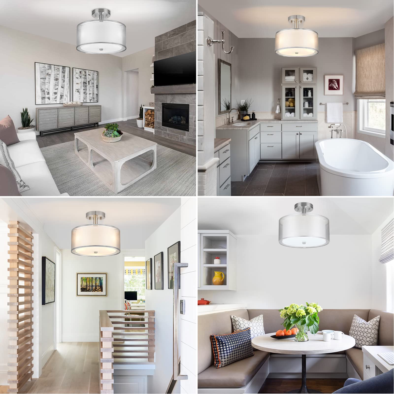 Folksmate Silver Semi Flush Mount Ceiling Light Fixture, 3-Light Drum Light With Double Fabric Shade, Modern Close To Ceiling La