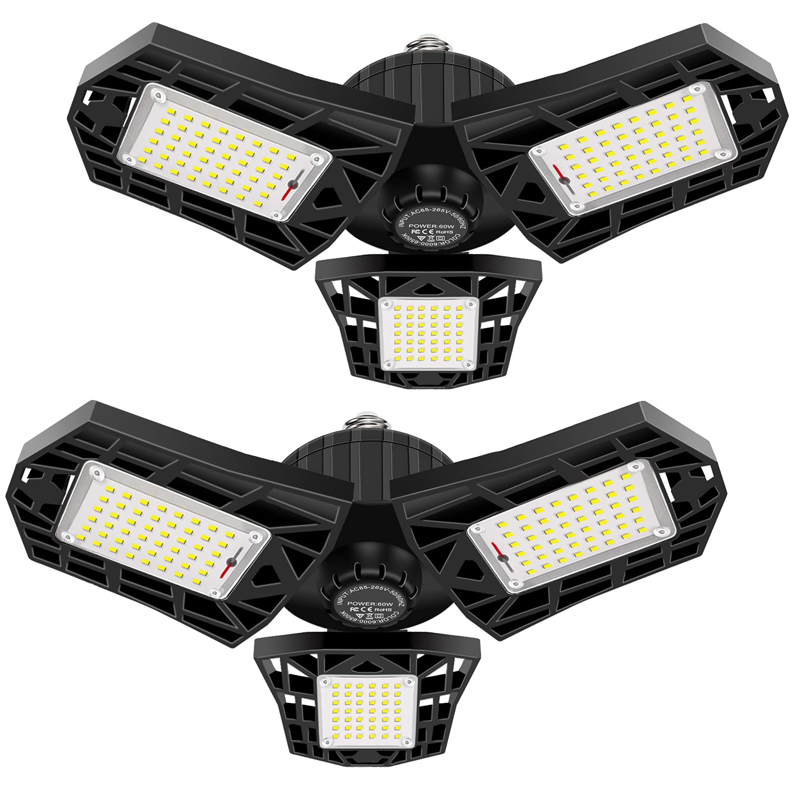 GHUSTAR LED Garage Light 60W - 6000LM 6500K Deformable Ceiling Lights, 3 Panels, 2 Pack, Plastic