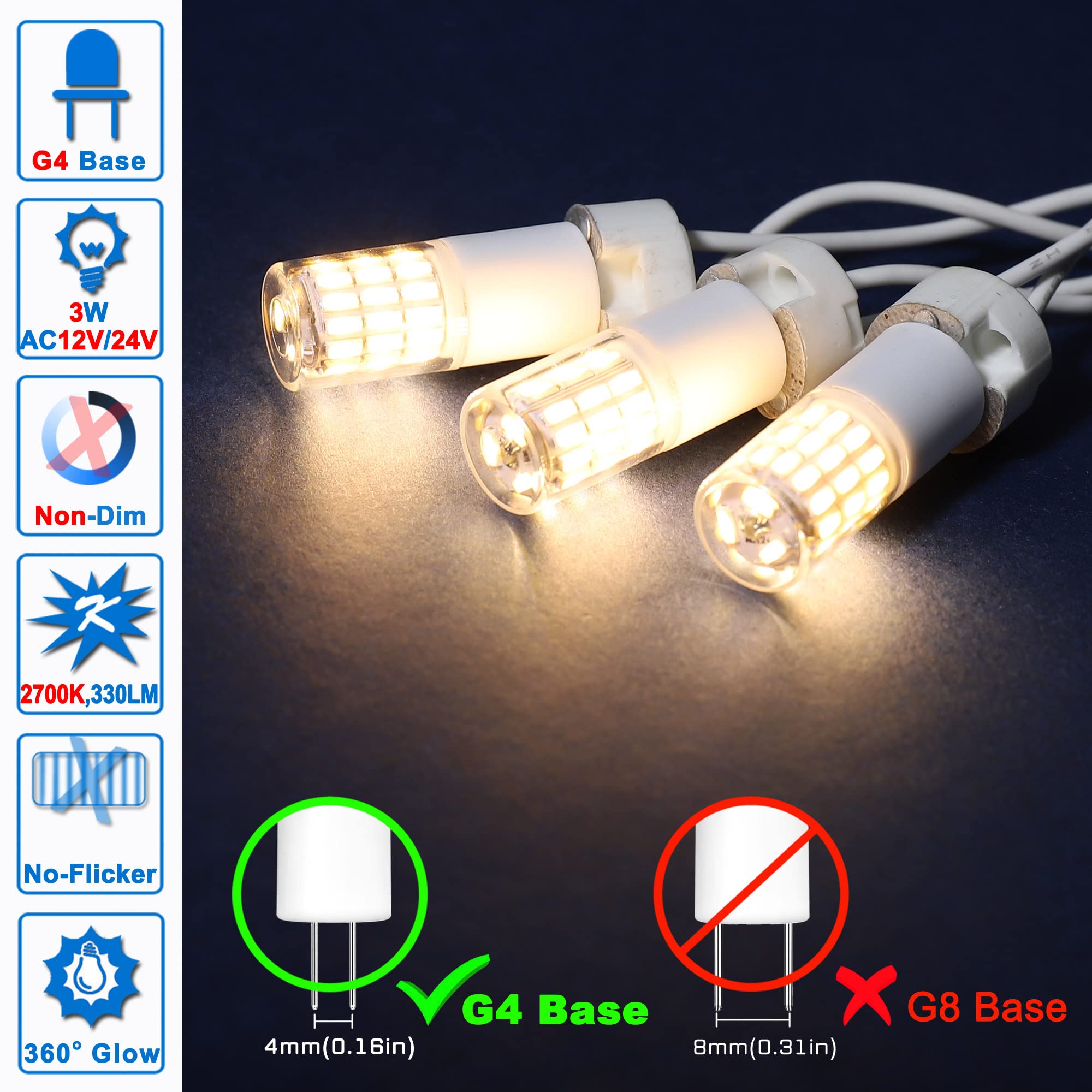 Ziomitus G4 3W Led Landscape Light Bulbs 12V-24V Warm White 2700K,G4 20 Watt 25W 30W T3 Halogen Replacement,Low Voltage G4 T3 Jc