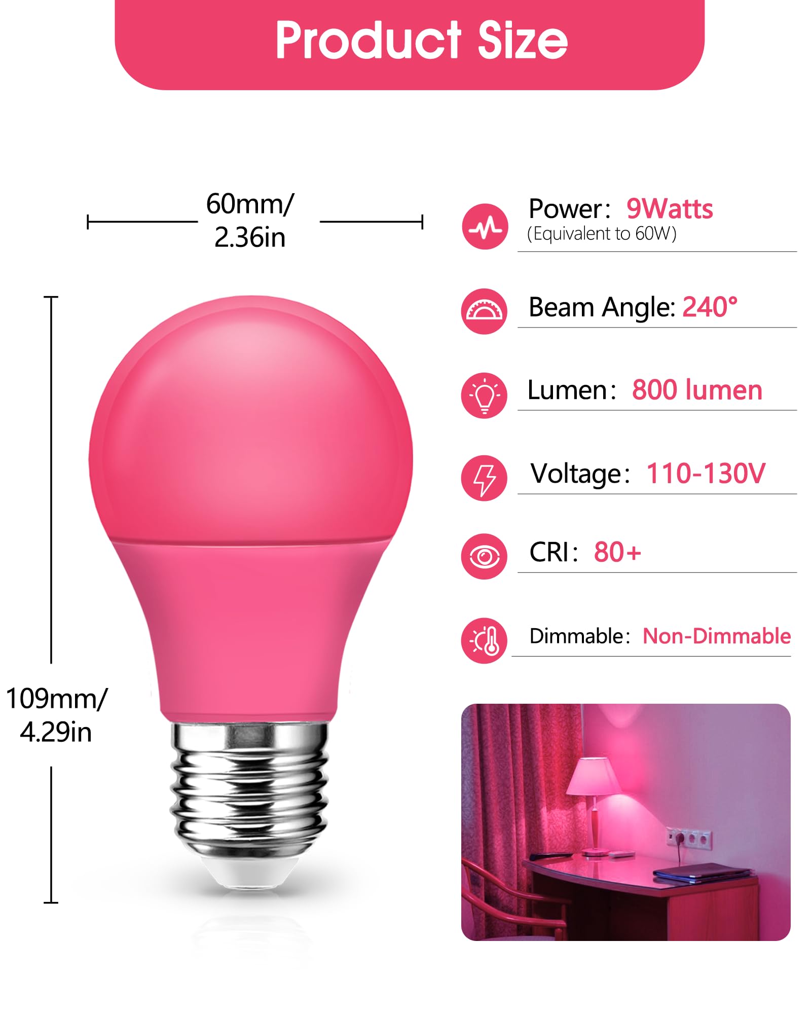 Flaspar 4 Pack Pink Led Light Bulb  A19 9W(60W Equivalent) Colored Party Light Bulb Outdoor  E26 Base For Christmas  Wedding  Baby Shower  Patio  Indoors & Outdoors  Home Decorations  Porch Lighting