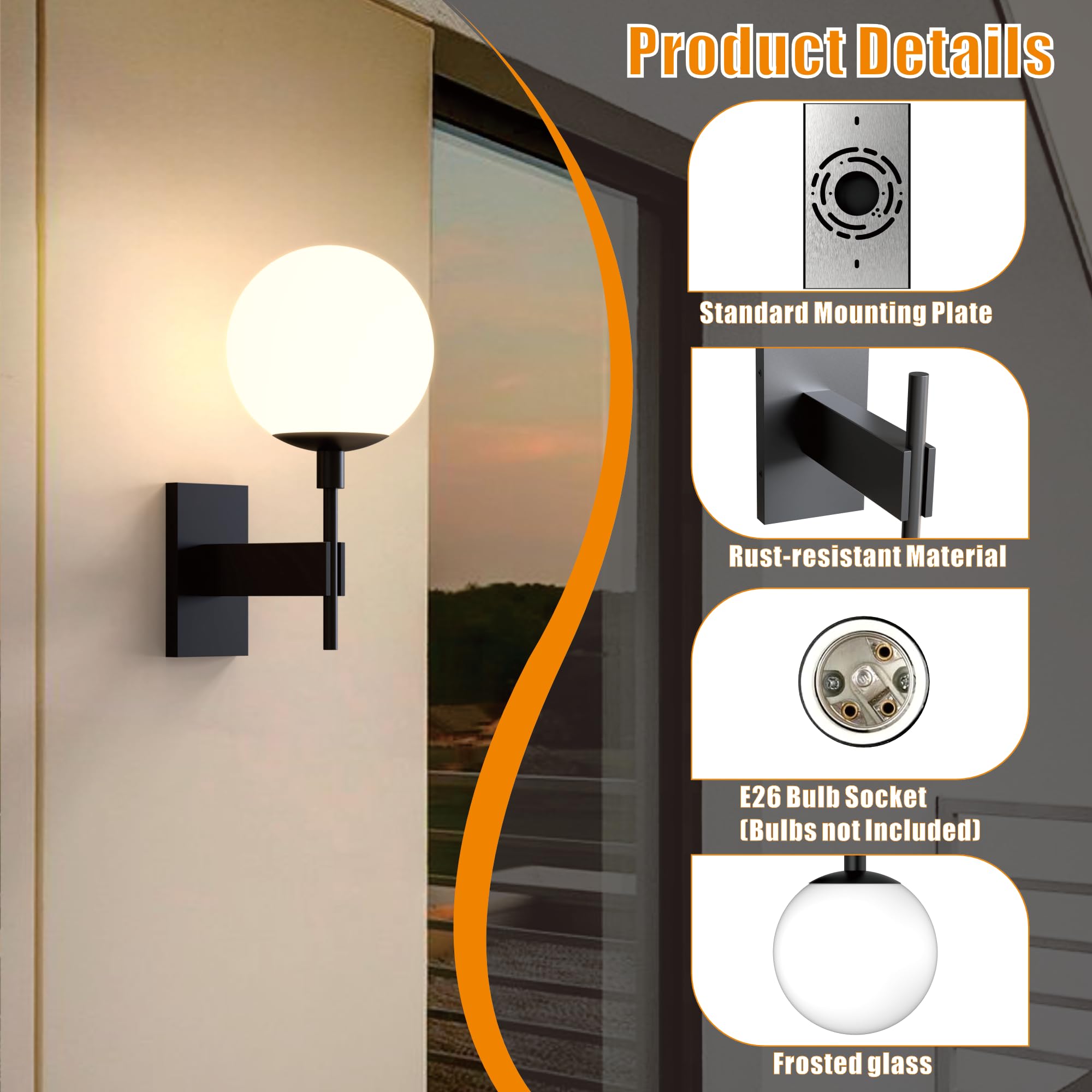 Hyunbae Outdoor Wall Sconce - 18.9" Waterproof Exterior Light Fixture, Large White Globe Glass for Porch, Model HY-ROUND1
