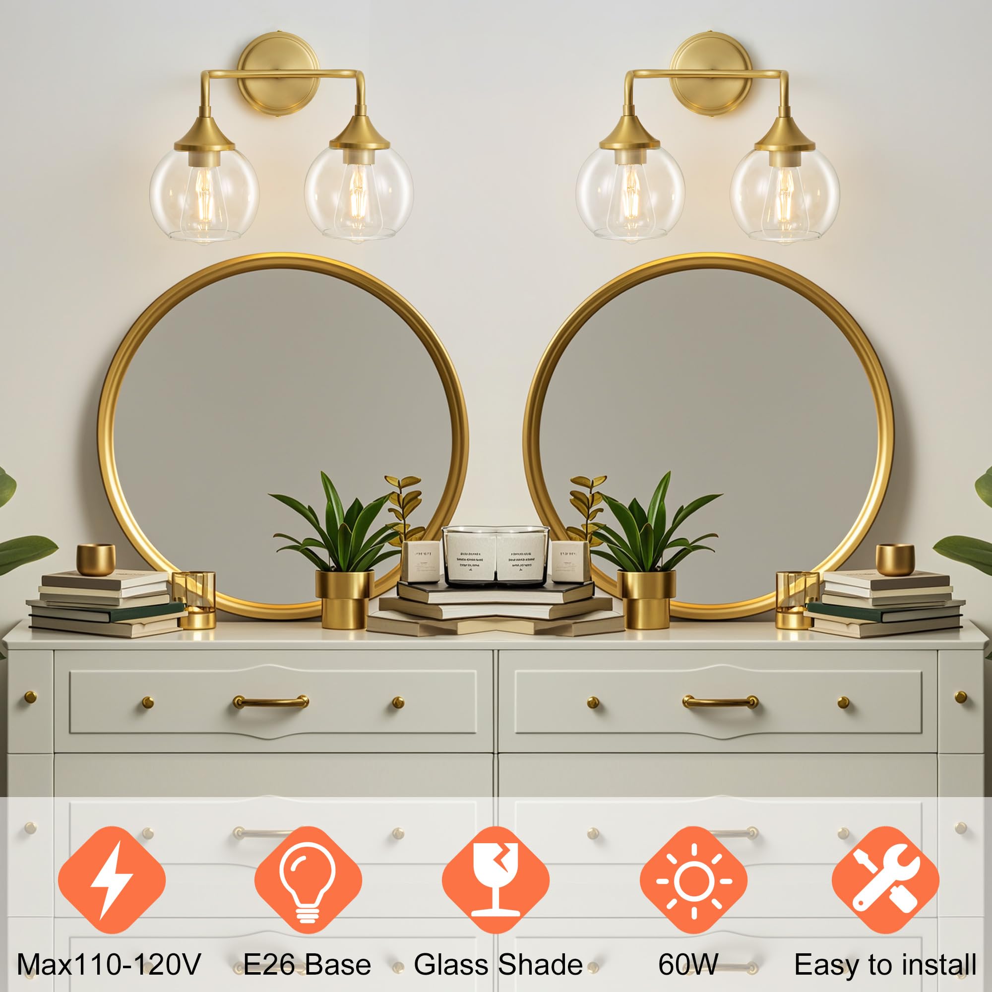 Gednbo Gold Bathroom Vanity Light, 2-Light Metal Fixture, Clear Glass Shade, Model G1796, 19 Inch, E26 Base