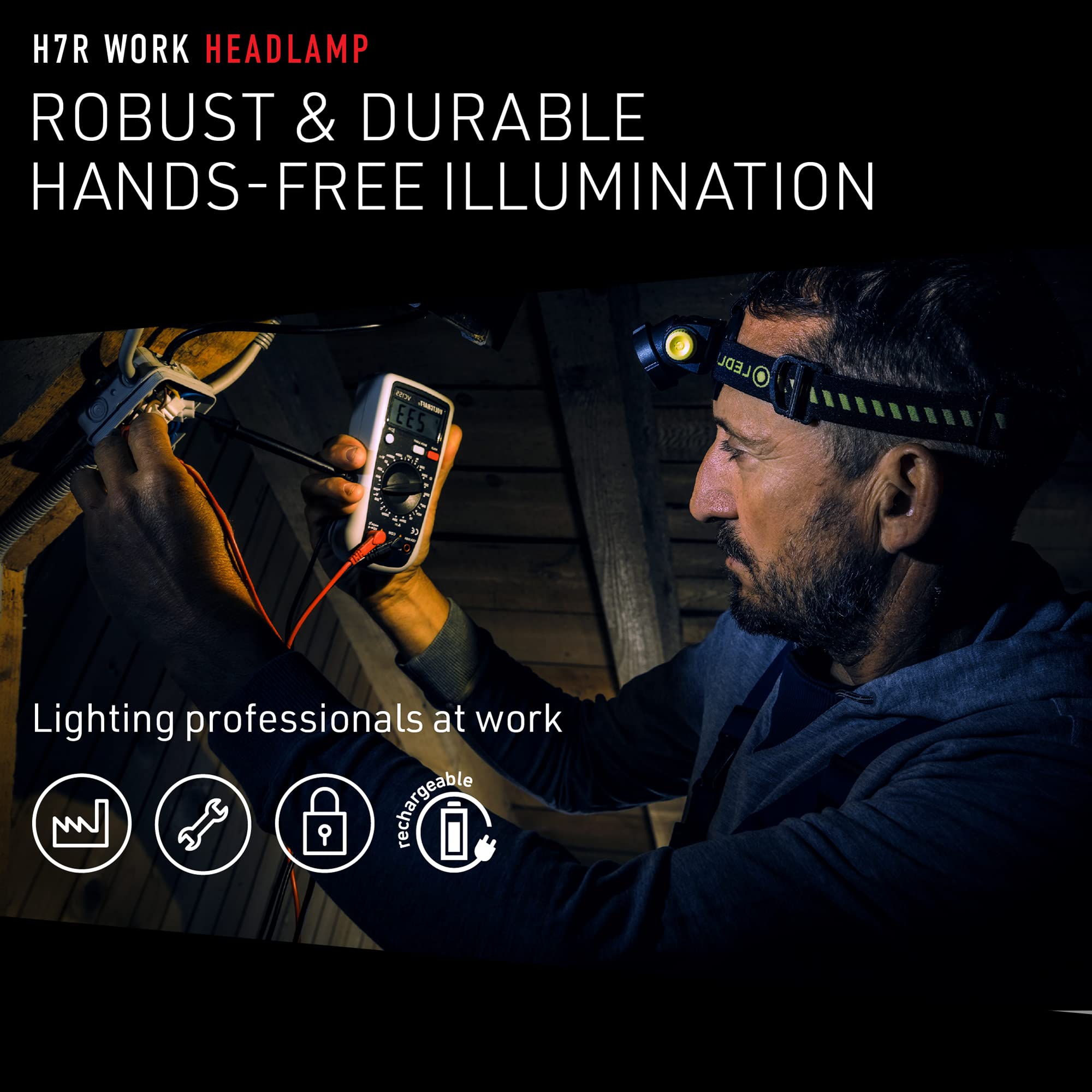 Ledlenser H7R Work Rechargeable Headlamp, 1000 Lumens, Rubber, Waterproof, Dimmable, Model 880511
