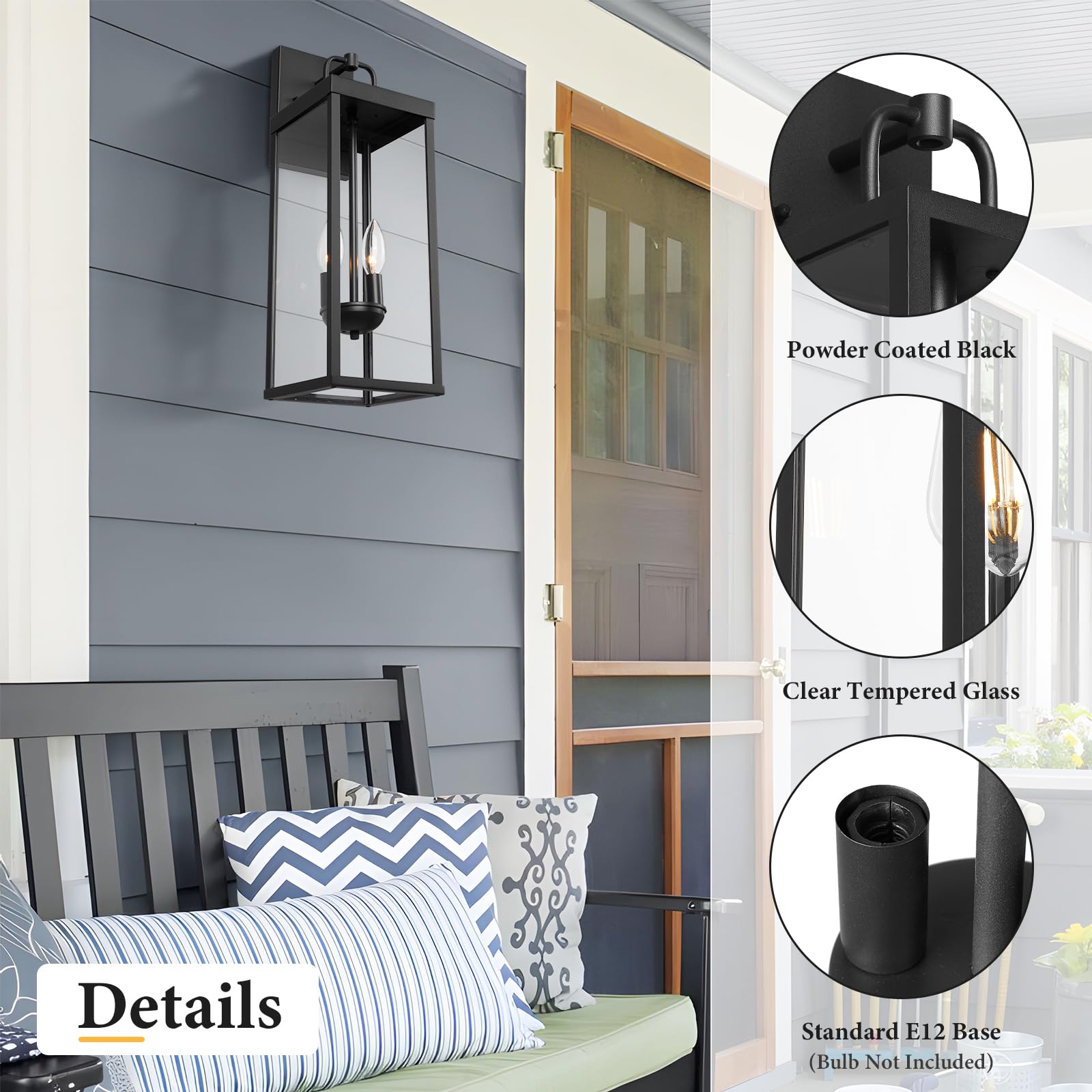 Diyel Outdoor Wall Sconce Lights, 20" Tall Black Powdered Metal Lantern, Modern Design for Porch & Patio, Model RZ008M-2 BK