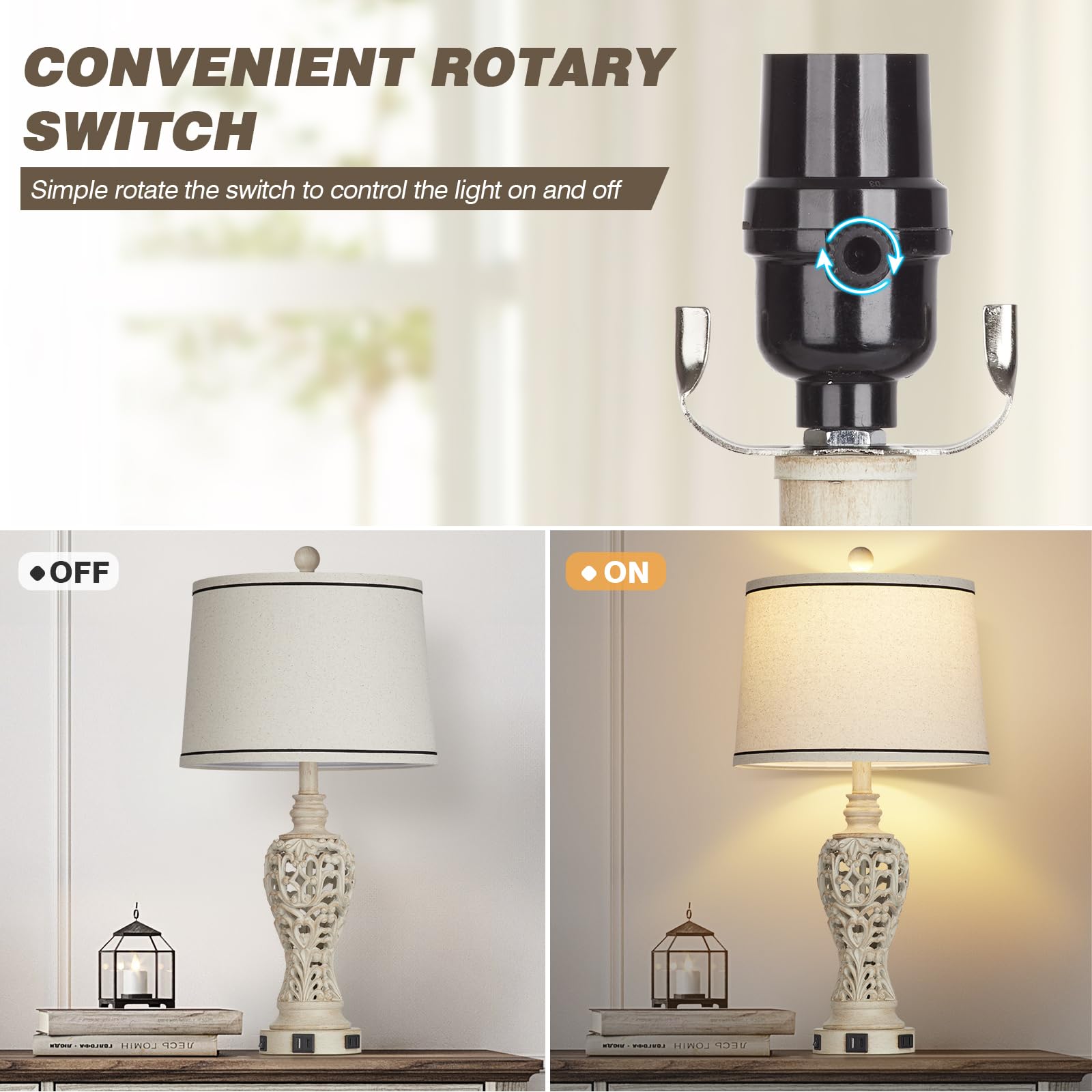Rinweey Table Lamps Set Of 2, Farmhouse Table Lamps With Nightlight, Rustic Bedside Lamps With Dual Usb & Ac Outlet, 25.2'' Whit