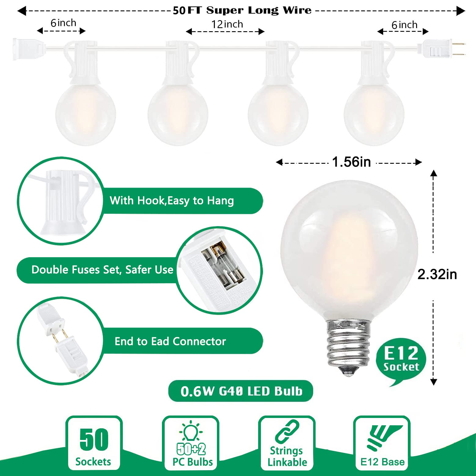 Outdoor Led String Lights, 50Ft G40 Outdoor Patio Lights With 52 Frosted White Led Globe Bulbs, Hanging Backyard Lights Waterpro