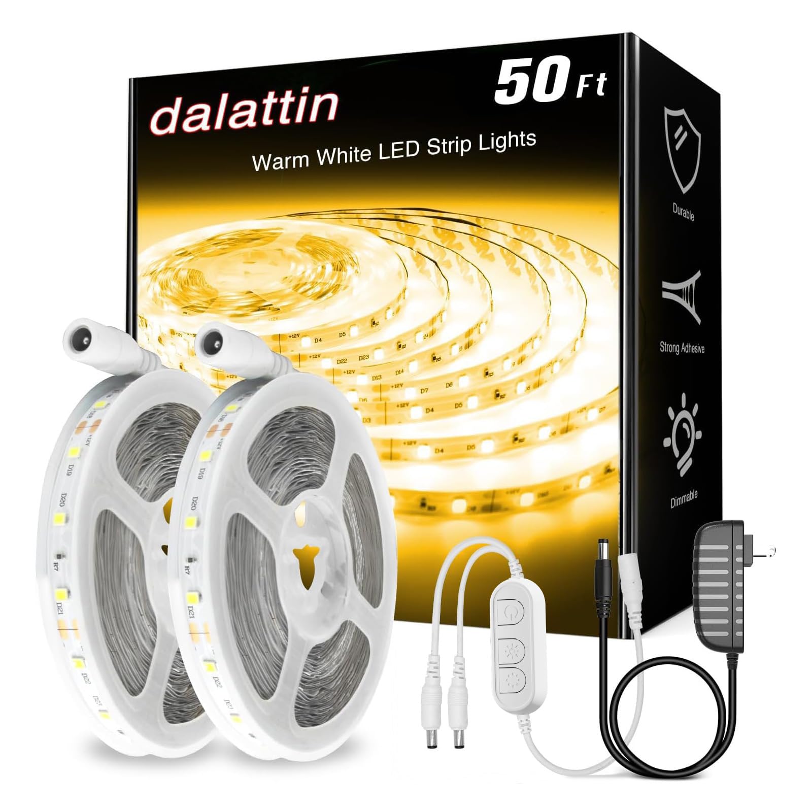 Dalattin 50Ft Warm White Led Strip Lights, Dimmable 3000K, 900 Leds For Bedroom, Kitchen, Strong Adhesive, Model Aac206275000-Ksus0