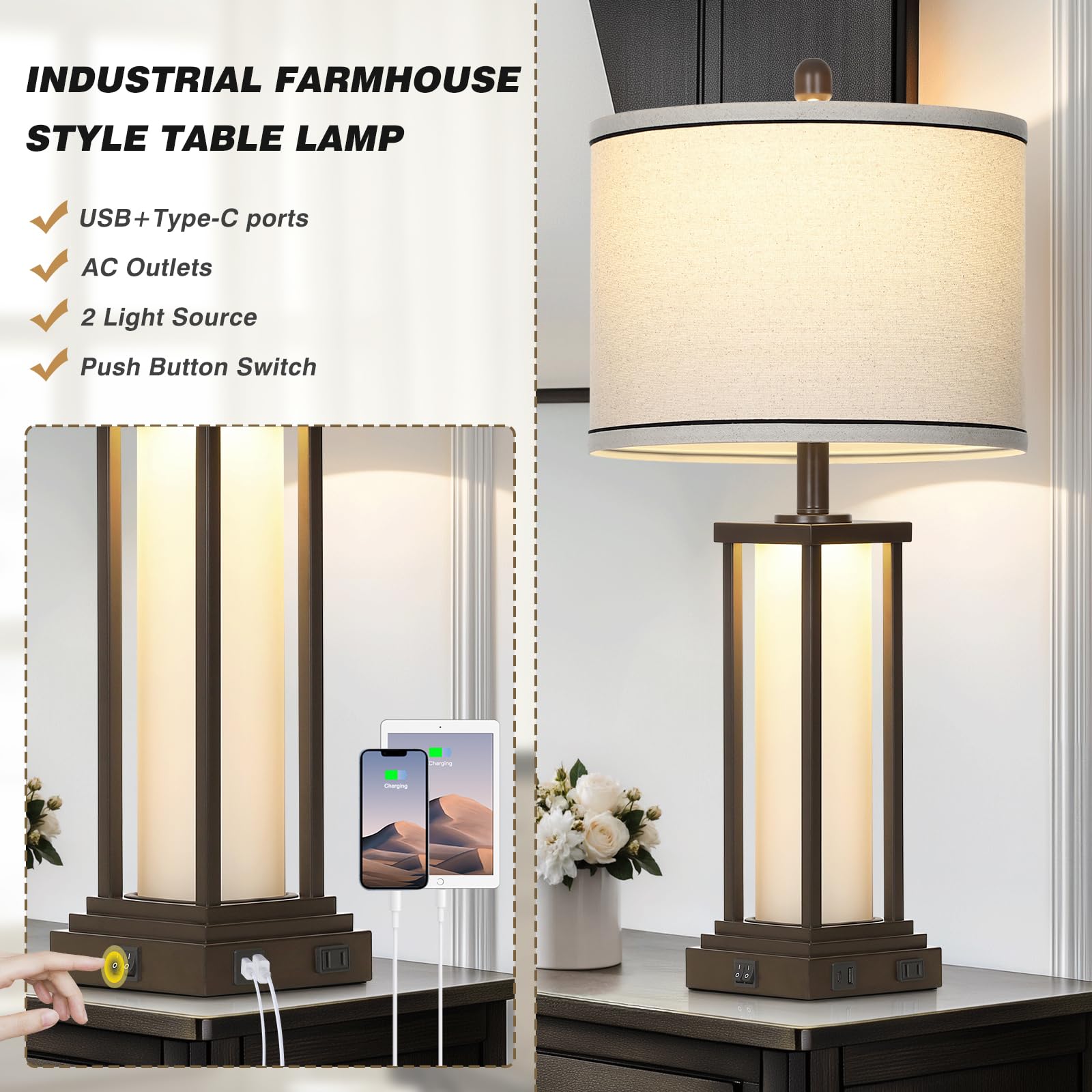 Cinkeda Vintage Table Lamps Set of 2, 27" Tall, Oil-Rubbed Bronze, USB & Outlet, Frosted Glass, Rustic Bedside Lighting for Living Room