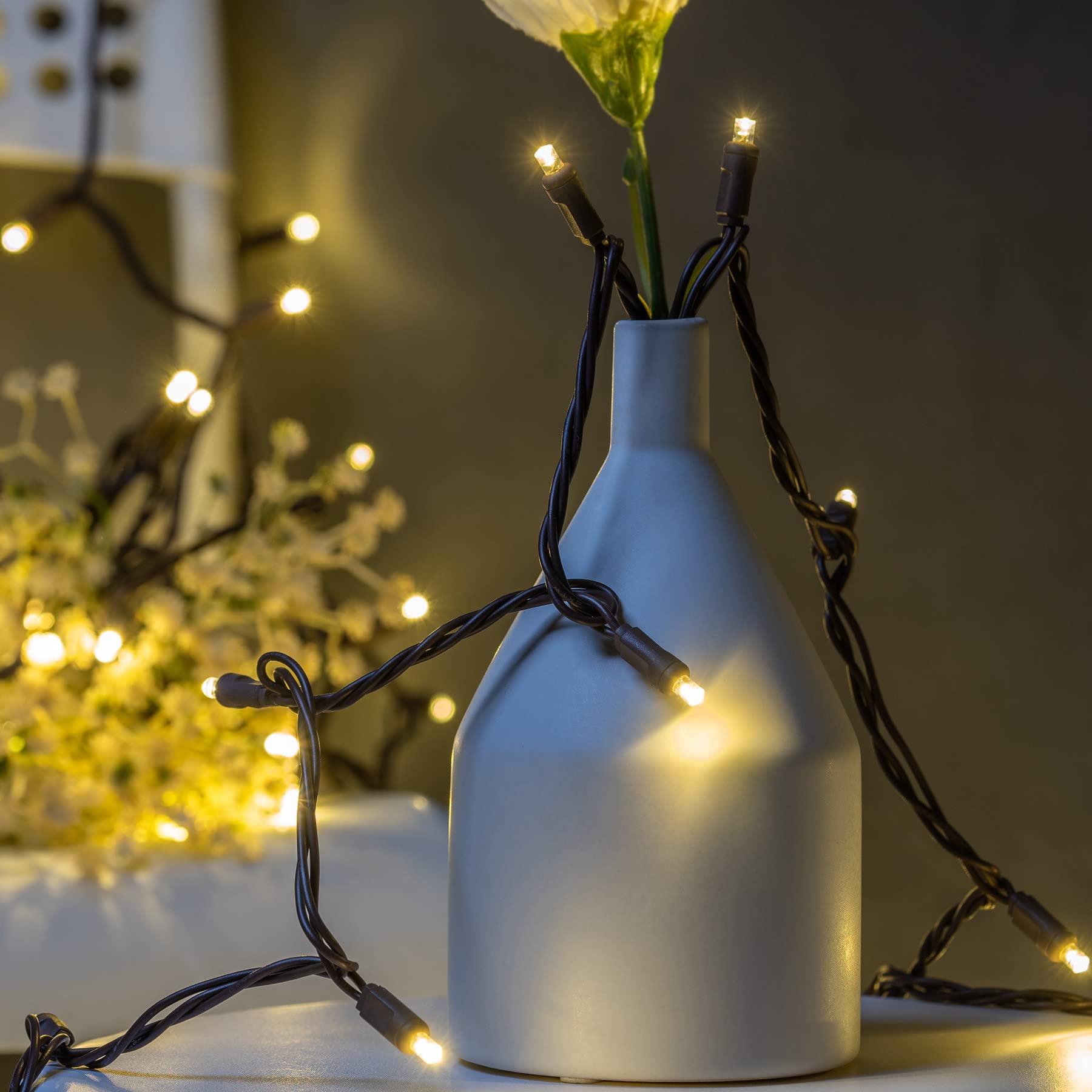 YULETIME 33 ft Warm White 5MM LED Christmas Lights, 100 Count, Waterproof, UL Certified, Brown Wire, Model SLO-100-B-5/3F-5MM