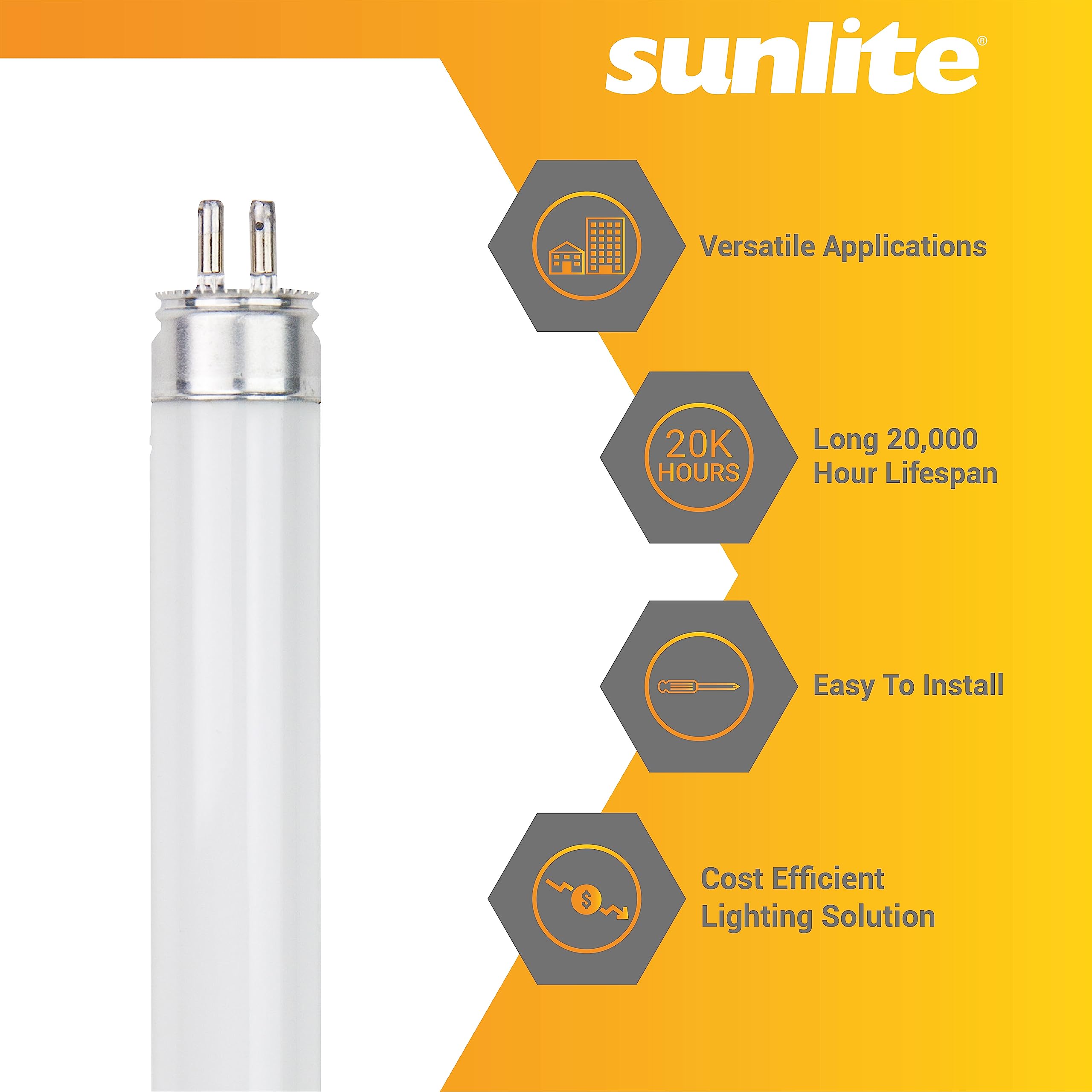Sunlite F24T5/841/HO T5 Linear Fluorescent Lamp, 24W, 1800 Lumens, 4100K Cool White, Mini G5 Bi-Pin
