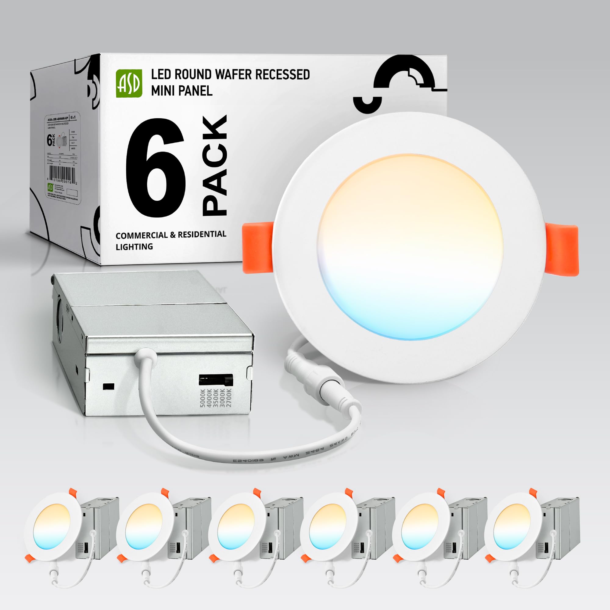 Asd 6 Pack Led Recessed Lighting 4 Inch 12W  5 Cct 2700K-5000K Cri90+  Ic Rated Ultra Thin Dimmable Ceiling Lights With J Box  Canless Wafer Downlight  Round Slim Panel Light  Energy Star Etl  White