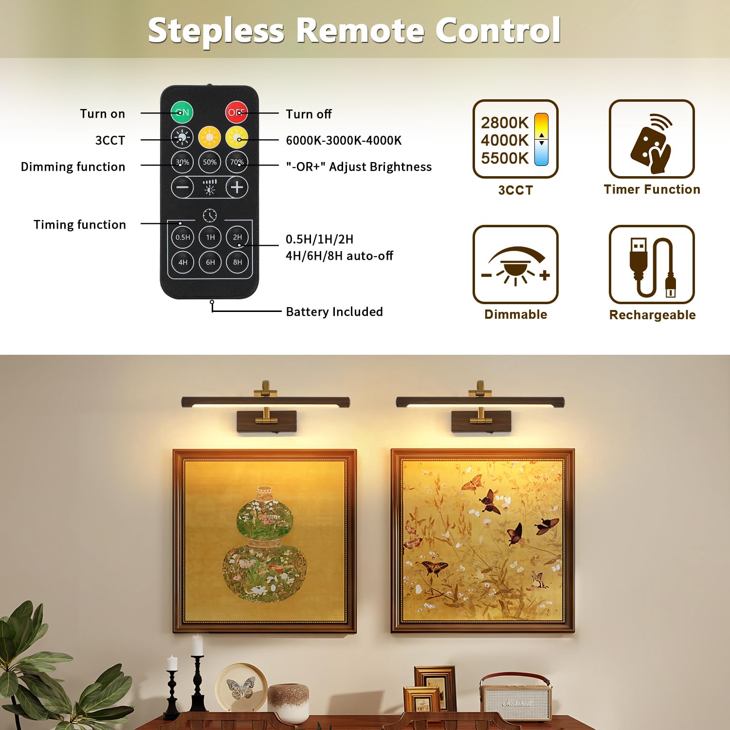 DESOOP Picture Light, Battery Operated, Dimmable, Remote & Timer, 15.75 Inch, Wood Grain Finish, Model 7115, Acrylic