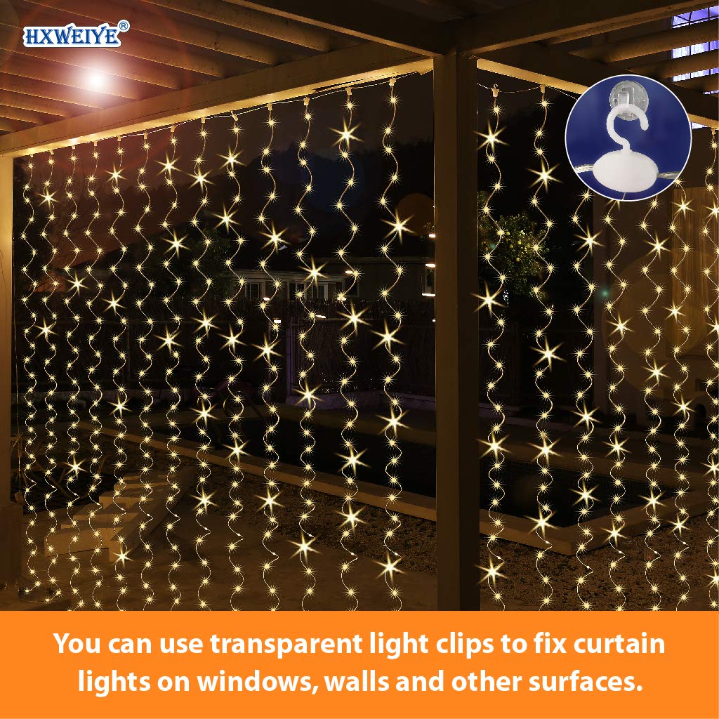 HXWEIYE Curtain Fairy Lights, 300LED Warm White, 9.8x9.8Ft, Copper Wire, Includes Clips & Hooks, Model HY100150-300