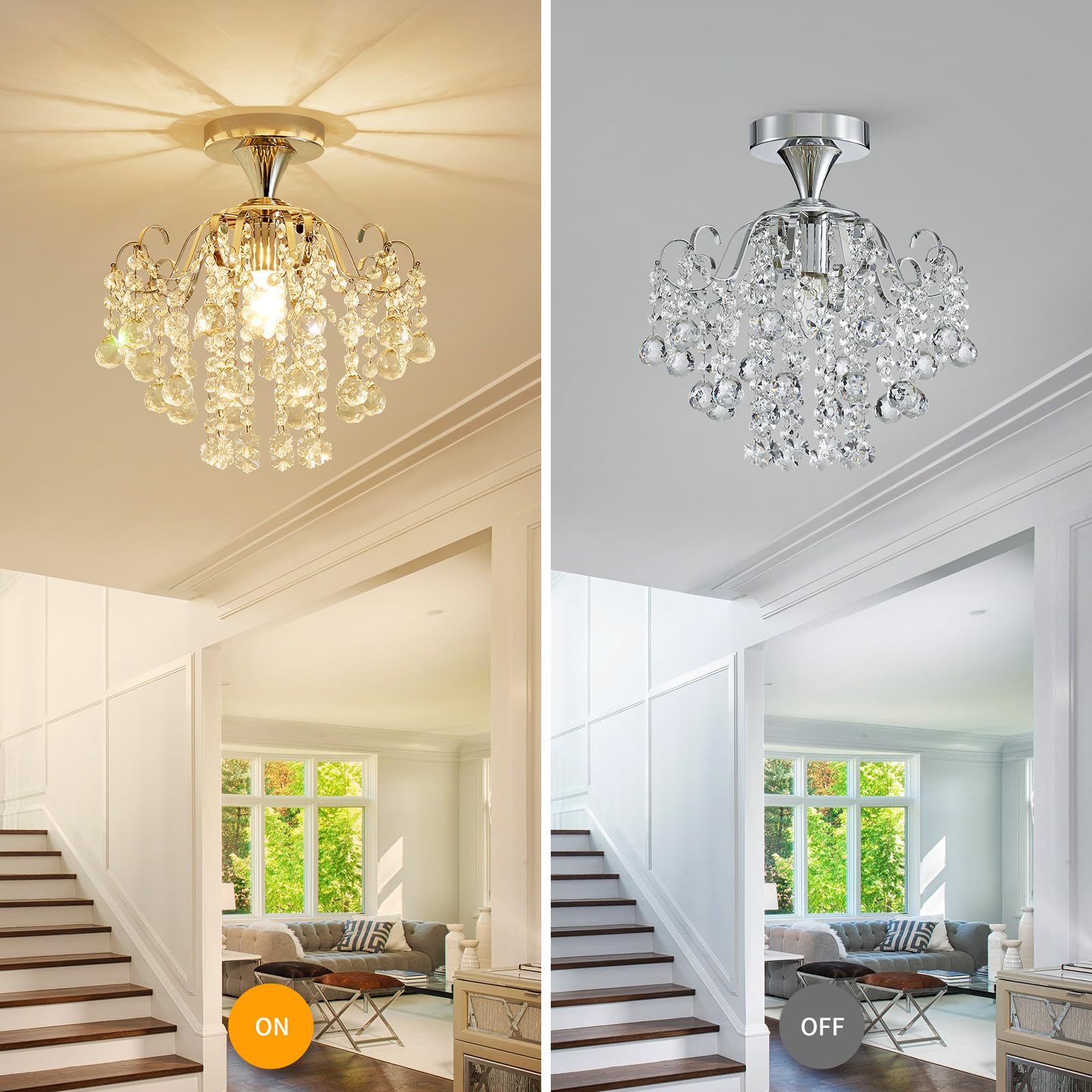 WUZUPS Crystal Chandelier Flushmount Ceiling Light, Modern Chrome Fixture, 13.4"H x 12.6"W, E26 Base, Ideal for Bedroom, Hallway, Kitchen
