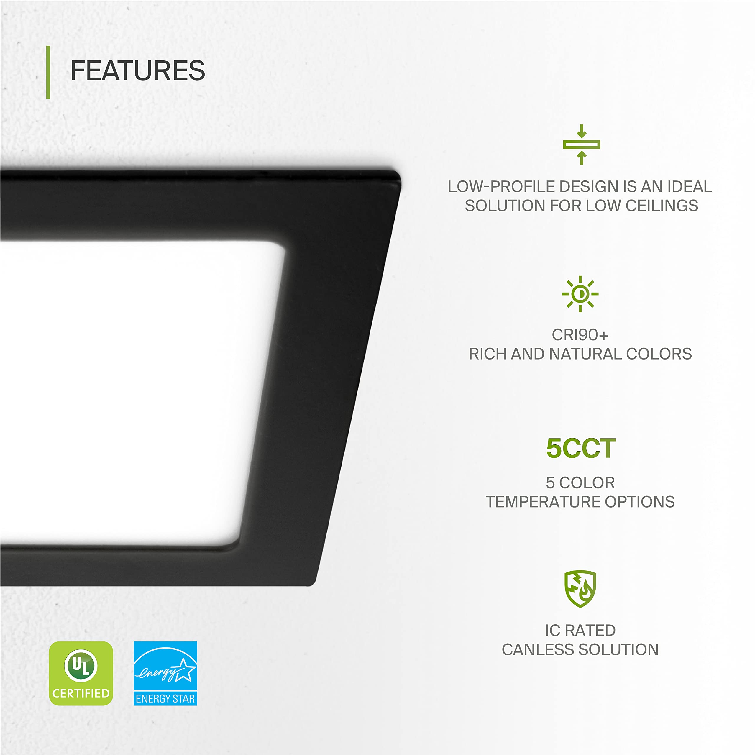 ASD LED Square Recessed Lighting - 6 Inch, 15W, Ultra Thin Dimmable, Black, Model A-JBS-6D15AC-BK, 6 Pack