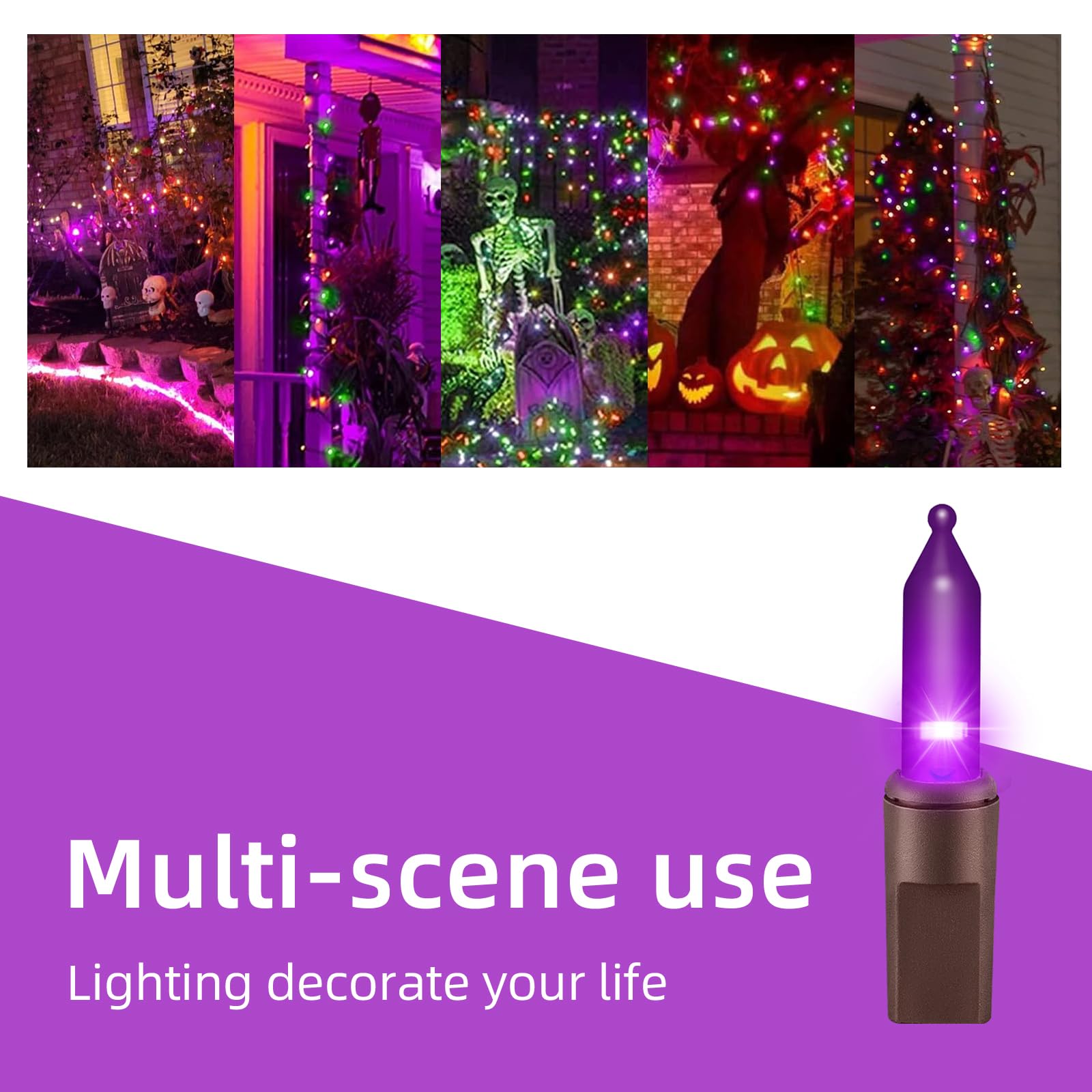 Xmashome19.6Ft Brown Wire Purple Green Orange String Lights, 100 Count Incandescent Halloween Lights (Purple Green Orang, 100 Lights) Mini 100L, Brown Wire,Multi