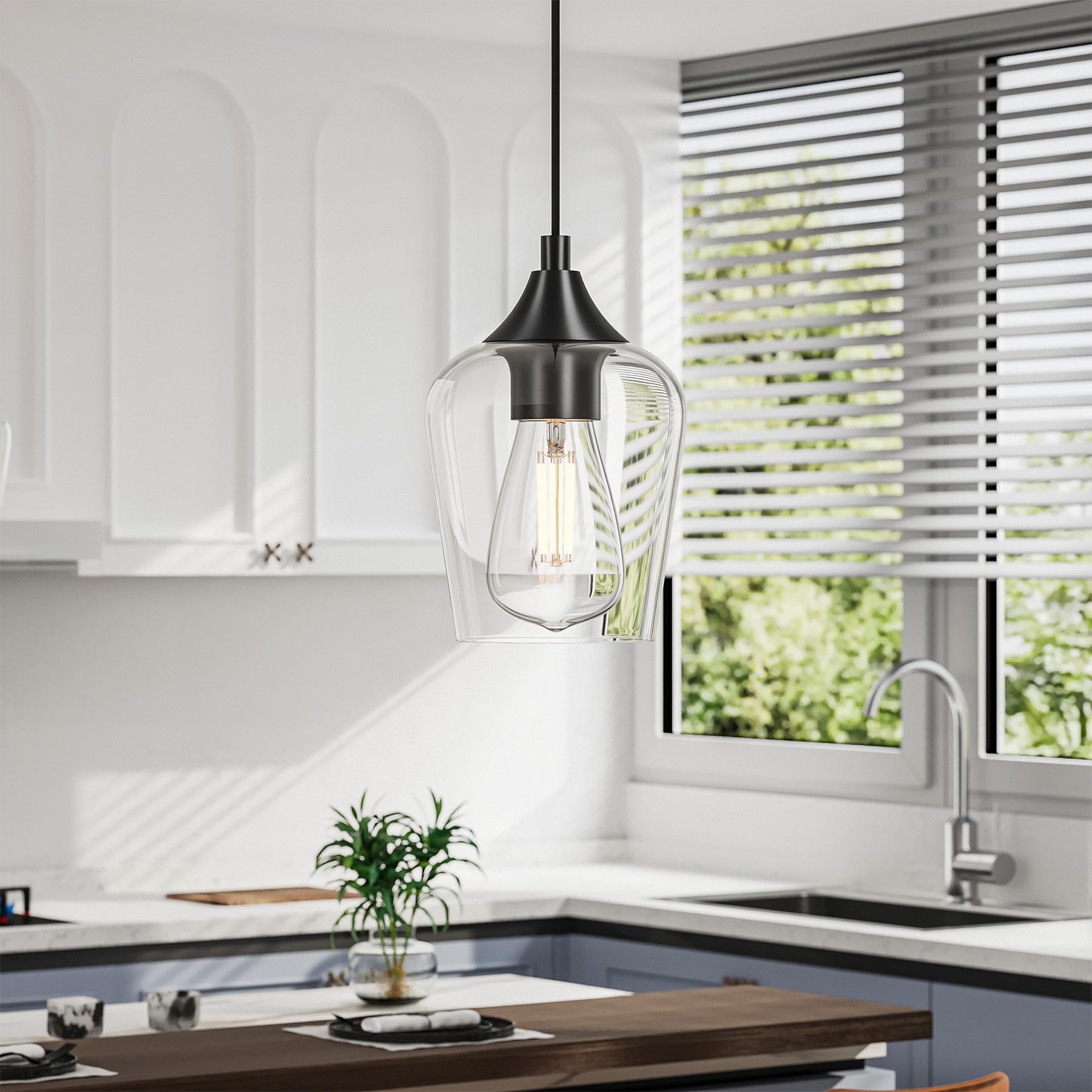 VONLUCE 5-Light Pendant Light Fixture, Modern Matte Black Metal with Wine Glass Shades, Adjustable Height 10"-55", ETL Certified