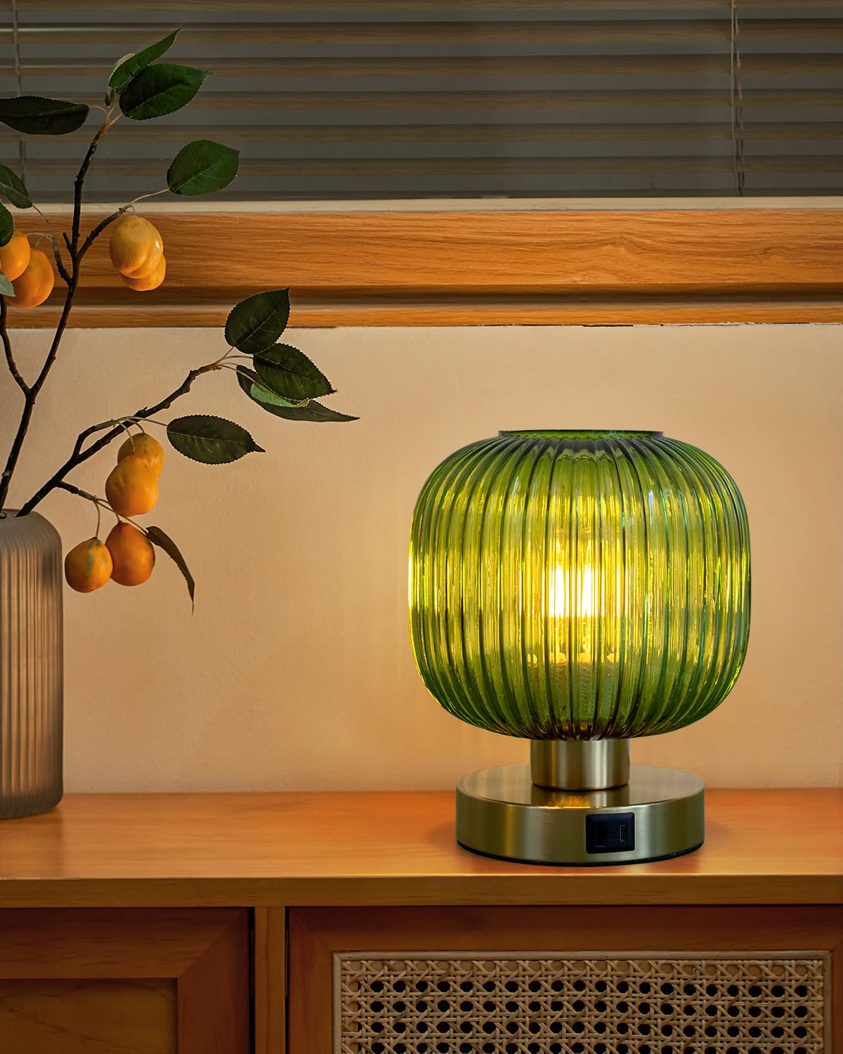Elenhome Elegant Green Glass Touch Table Lamp - 3 Way Dimmable, USB Charging Ports, 1 Pack, Model WN-CL05