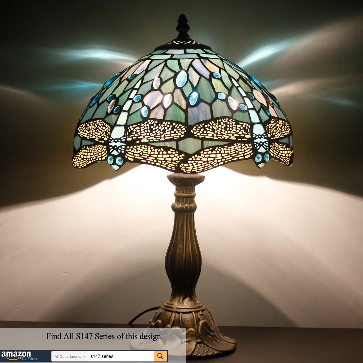 WERFACTORY Tiffany Lamp - Sea Blue Dragonfly Style, 12x12x18 Inches, Metal Table Desk Light, S147 Series