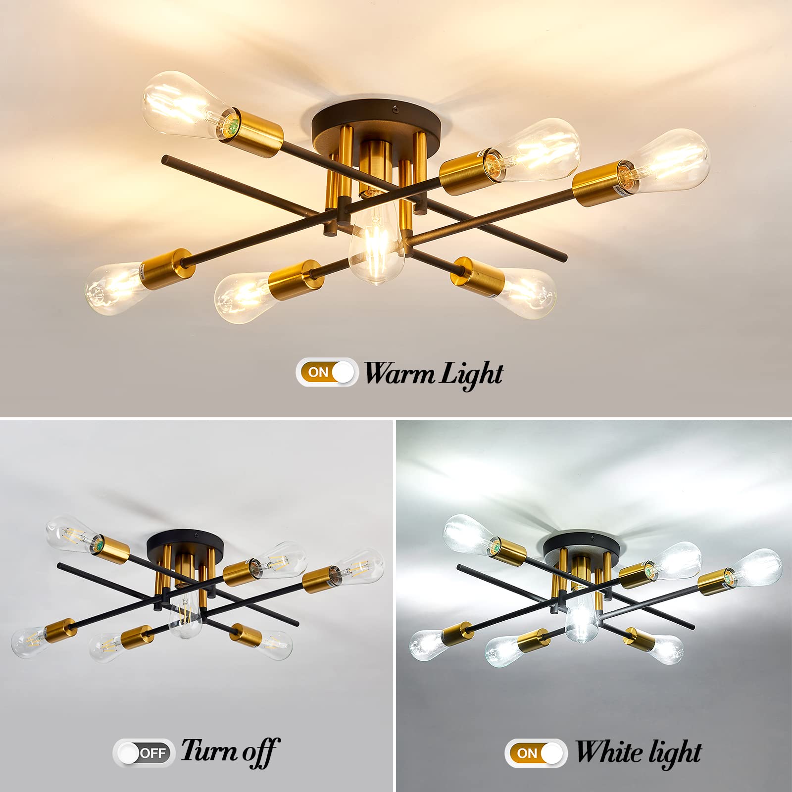 Uofus 7-Light Semi Flush Mount Ceiling Light Fixture, Modern Black & Gold Chandelier For Home