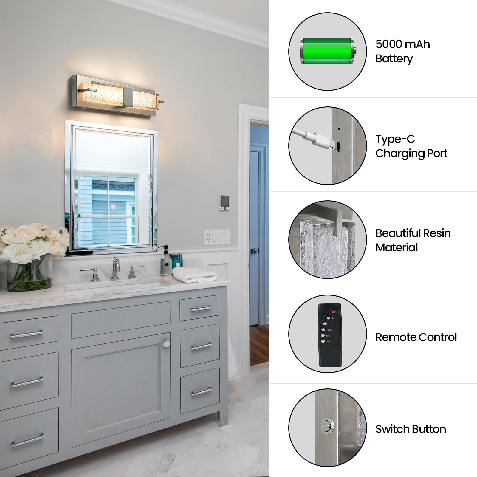 Battery Operated Resin Wall Sconce - Wireless Rechargeable Wall Light Nickel  Led Remote Wall Sconces Lighting  Modern Cordless Brass Vanity Light Fixtures For Living Room Bedroom Bathroom