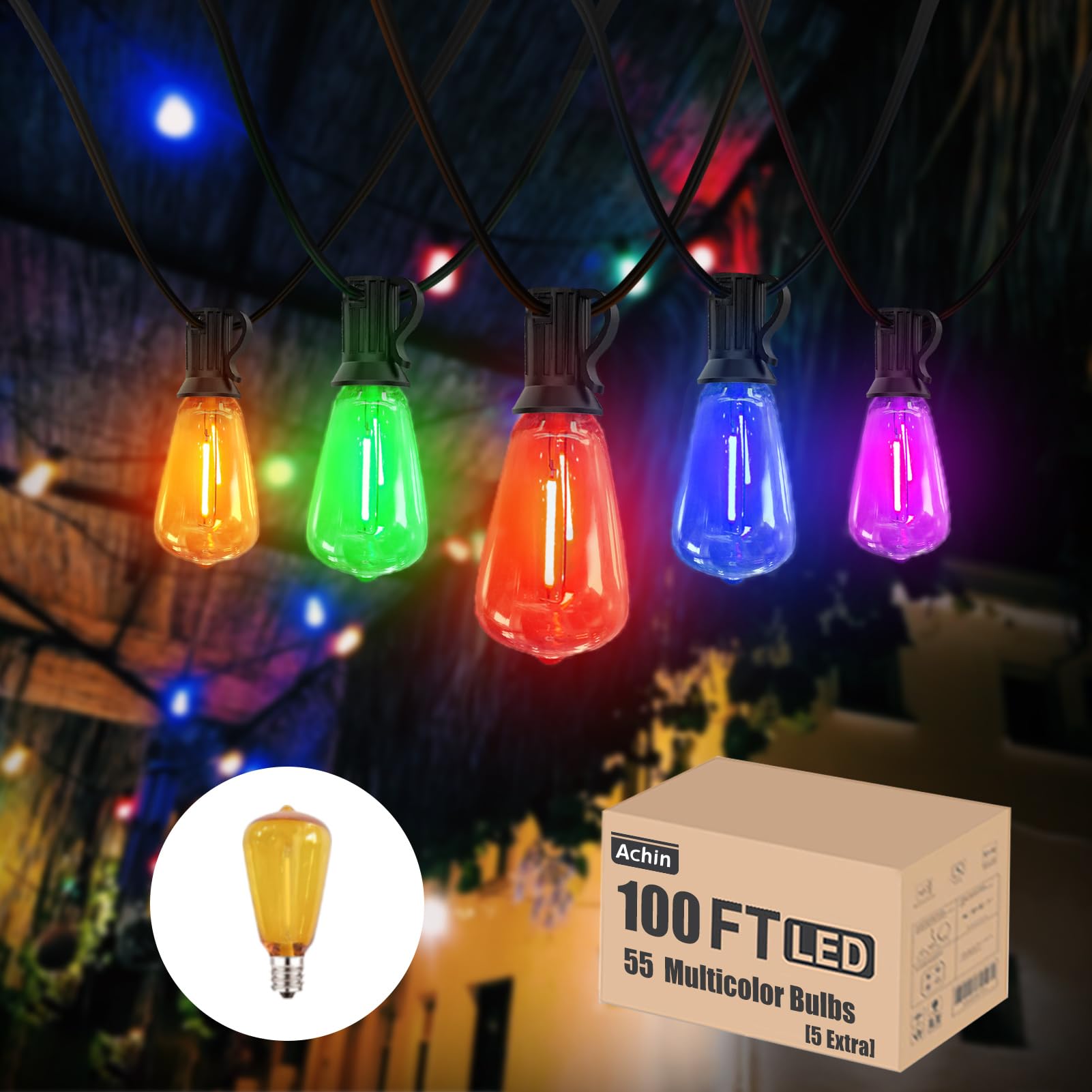 Achin Colored Outdoor String Lights 100Ft Led Multicolor Patio Lights With 55Pcs St38 Colorful Shatterproof Bulbs Rainbow String