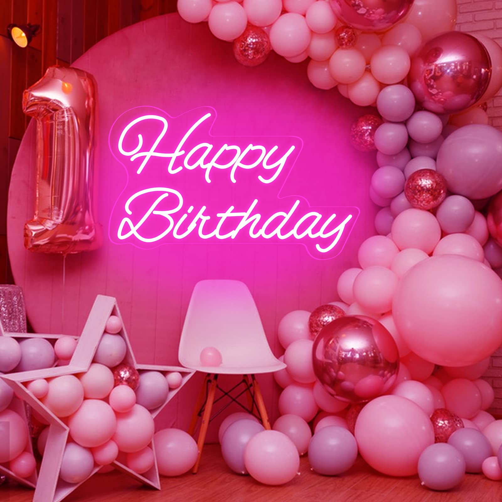 Neonawall Happy Birthday Neon Sign - 20 Inch Pink LED Light with Dimmable Switch - Reusable Birthday Party Decoration