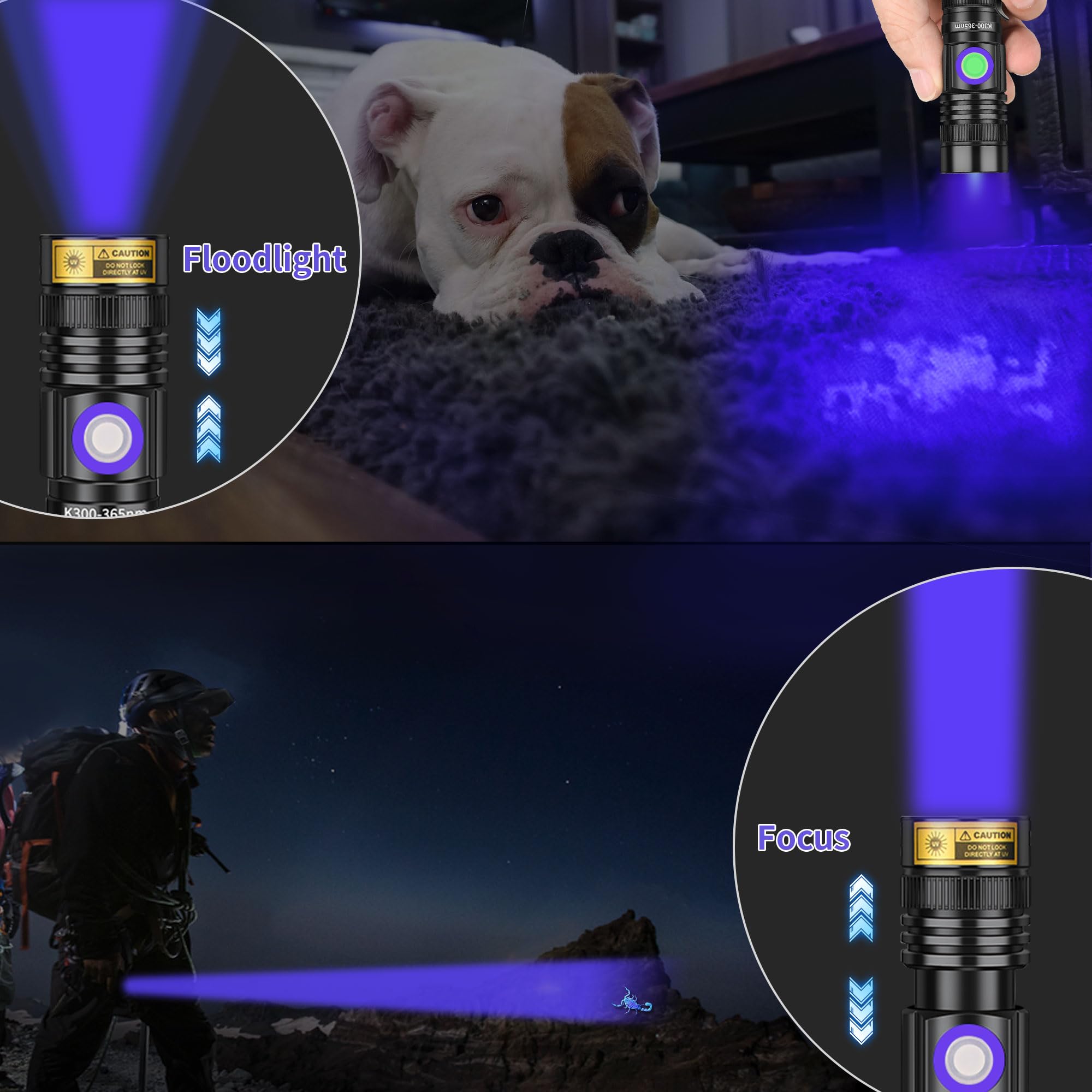 Uv Flashlight Black Light Usb Rechargeable 365Nm Blacklight Mini, Woods Lamp Portable Handheld Powerful Led Ultraviolet Lights Flashlights, Focus Adjustable For Resin Curing, Pet Urine Detection