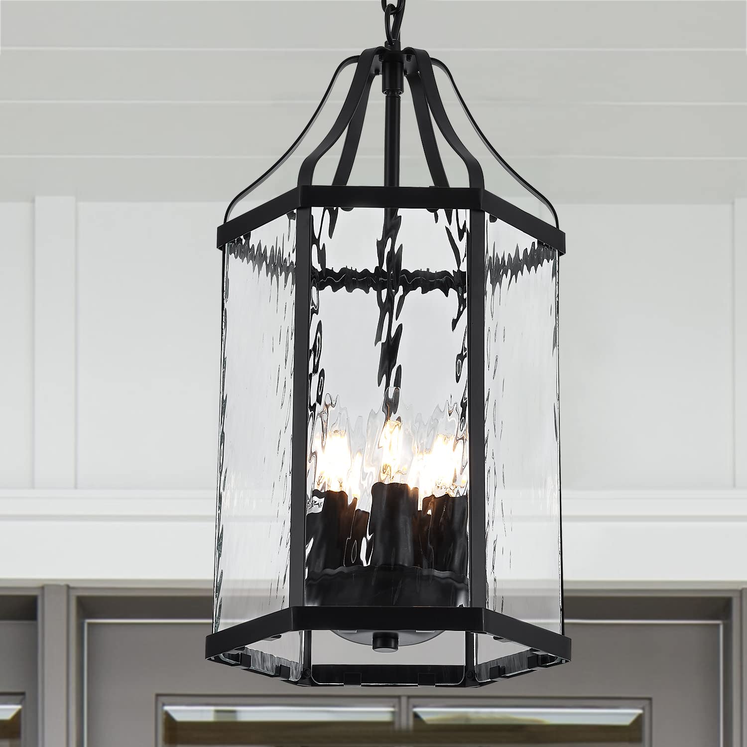 lighceac 10'' Modern 5-Light Exterior Black Lantern Pendant Light Fixture with Clear Rippled Glass Mini Industrial Hanging Cage 