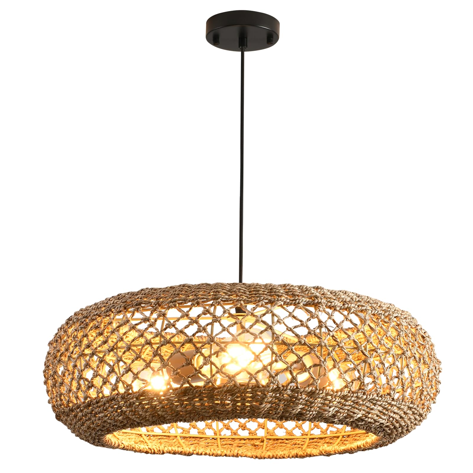 LHJIHFU 3- Lights 20.1'' Rattan Hanging Pendant Light Fixture, Handmade Woven Wicker Bohemian Pendant for Kitchen Island Bedroom