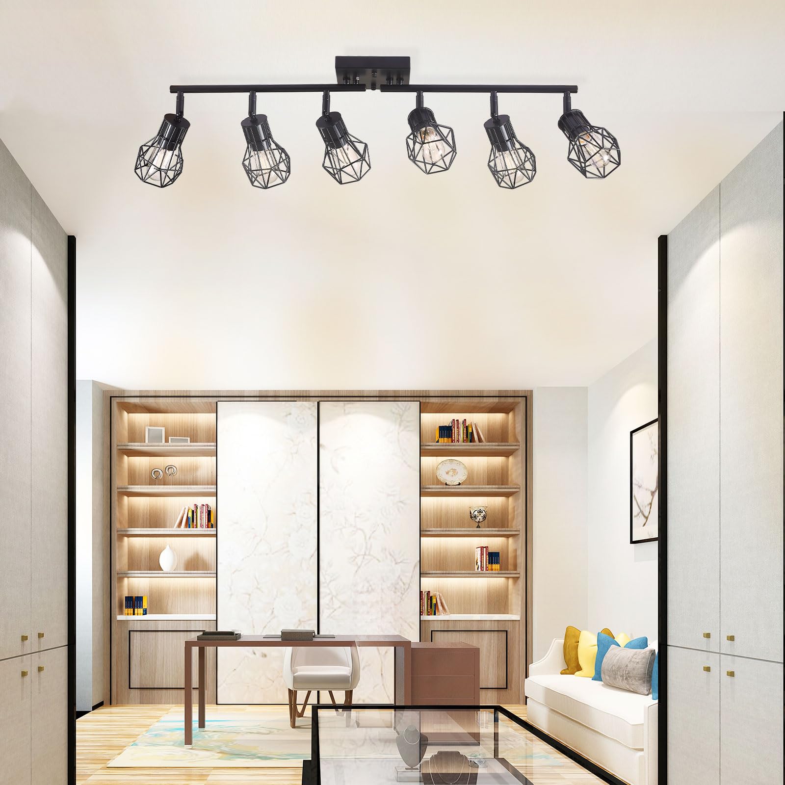 BANGANMA 6-Light Black Metal Cage Track Lighting Fixtures for Kitchen, Living Room, Dining Room – Model GD-30256