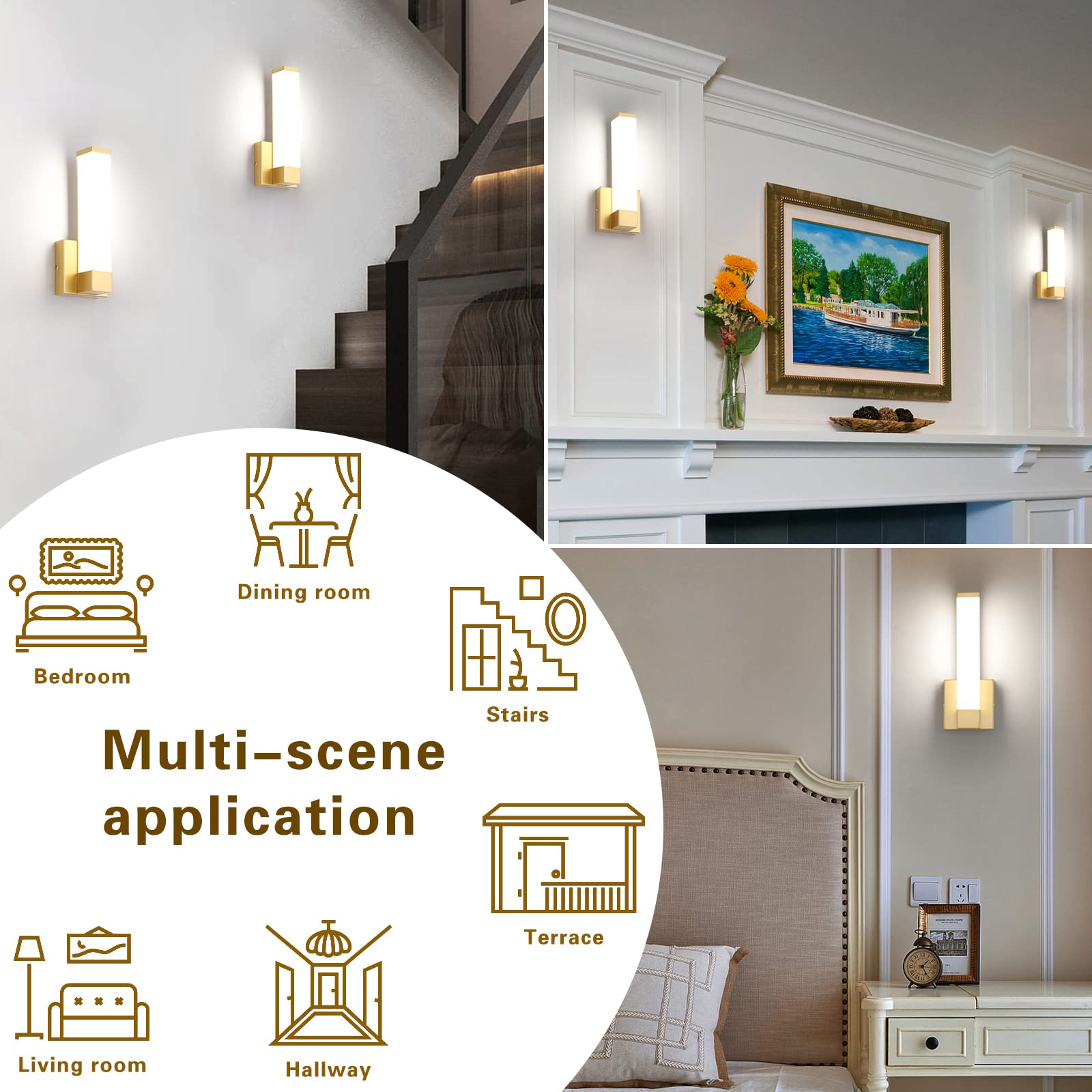 7Degobii Gold Wall Lights For Bedroom Modern Indoor Led Hallway Sconces Corner Light 12 Inch Height 12W 4000K Bedside Stair Sconces Wall Lighting Lamps 110V Ac