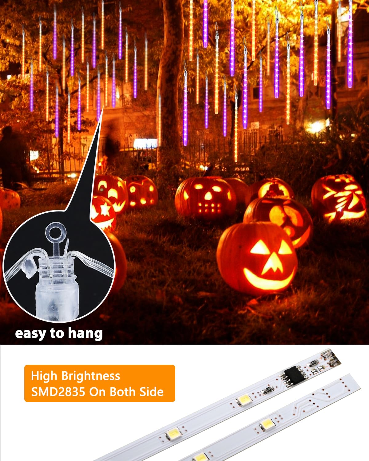 Flacchi Halloween Lights Outdoor 20 Tubes 480 LED Raindrop Lights, Orange and Purple, with Timer Function, Model SSL0480-C-D-7V