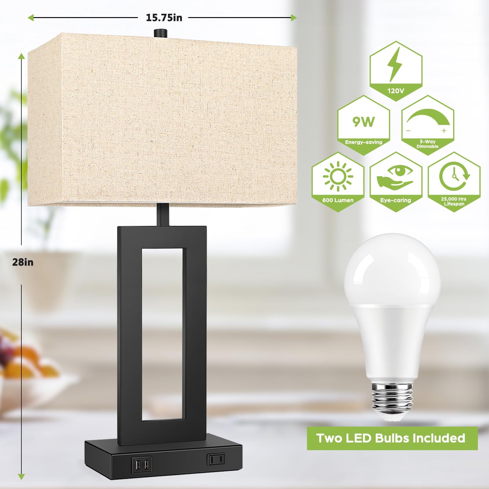 TOBUSA 28" Touch Control Table Lamps Set of 2, Dimmable with USB Ports, Metal, Black & Beige, Model T0344L-BK+AP-27