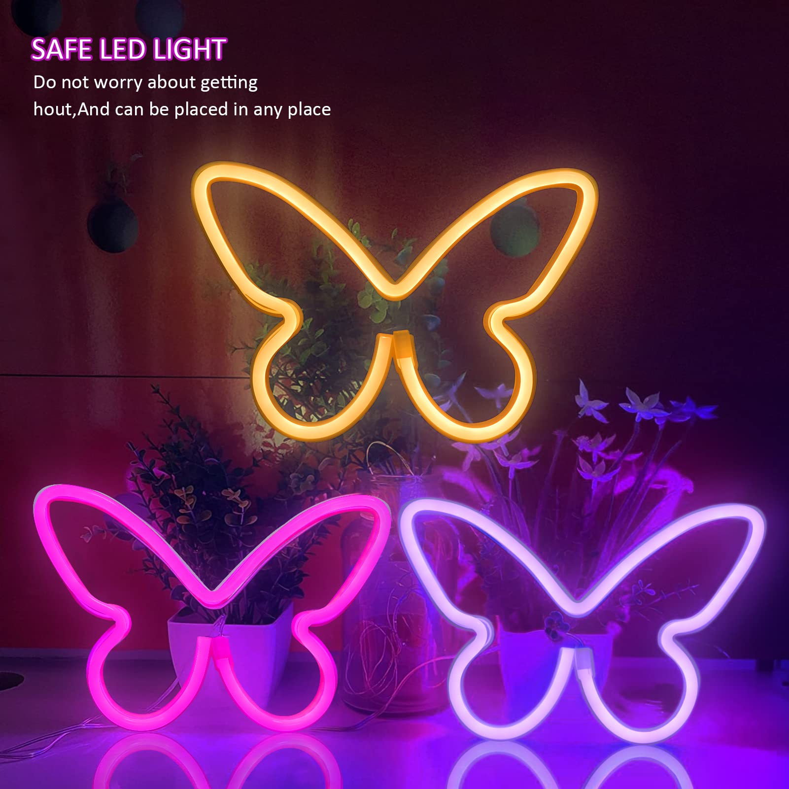 BRIGHTDECK Butterfly Neon Signs, 3 Pcs LED Wall Décor, 5x5 inches, USB/3-AA Battery, Pink/Purple/Warm White, Model 001