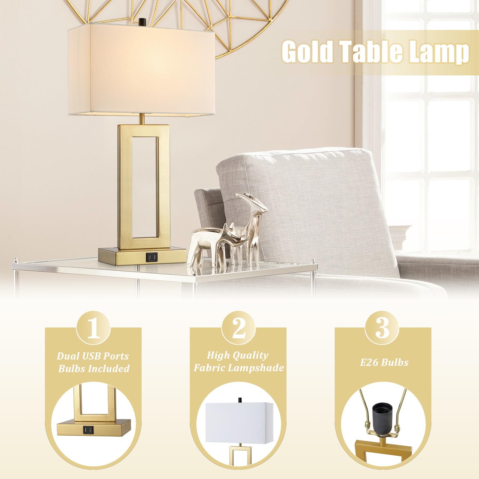 Gernehop Gold Table Lamps Set Of 2 With Dual Usb Ports,3-Way Dimmable Touch Control Bedside Lamps,22Inch Tall Modern Bedroom Tab