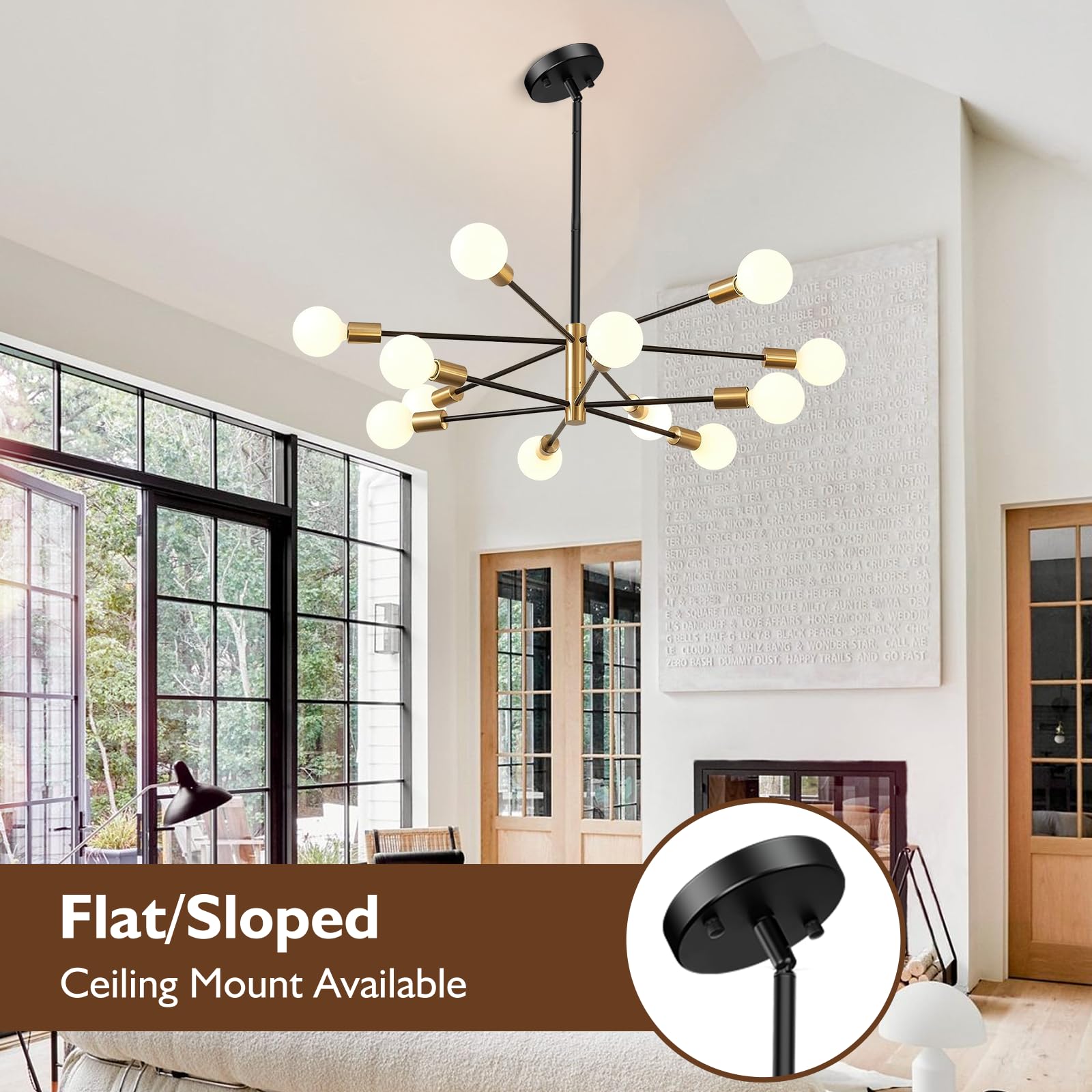 Sheetea 12-Light Sputnik Chandelier, Black And Gold Chandeliers Pendant Lighting, Modern Farmhouse Dinning Room Light Fixture Mid Century Brass, Height Adjustable For Living Room Kitchen Island