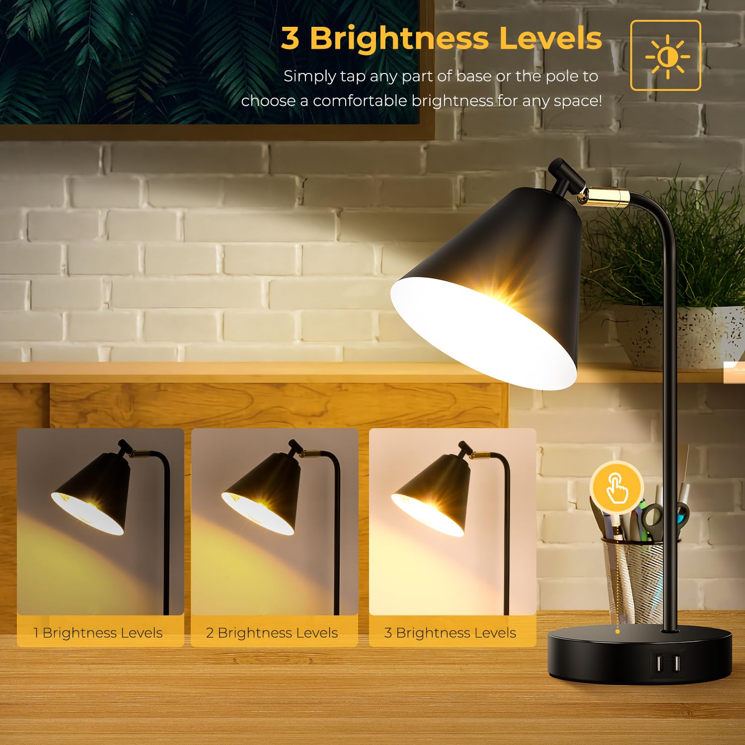 Brightever Industrial Desk Lamp, Dimmable, 2 USB Ports, Touch Control, Black Metal, Model T0324-BK-27, Flexible Head, Bulb Included